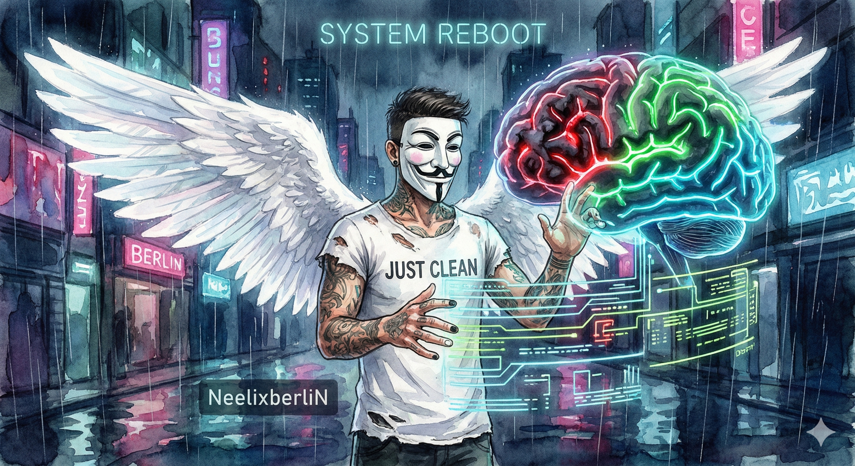 Die Figur NeelixberliN (tätowiert, mit Anonymous-Maske, weißen Engelsflügeln, 'Just Clean' T-Shirt und schwarz-weiß lackierten Fingernägeln) steht in einer futuristischen Cyberpunk-Berlin-Kulisse. Er interagiert mit einem riesigen, holografischen menschlichen Gehirn und verdrahtet leuchtende neurale Bahnen neu. Das Bild symbolisiert den neurobiologischen 'System-Hack' der Rückfallprophylaxe und das Überschreiben des Suchtgedächtnisses.