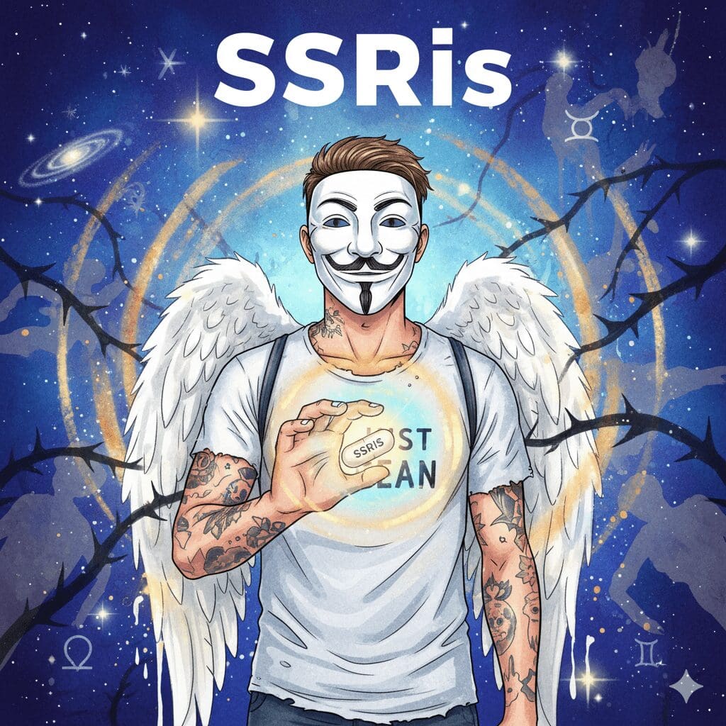 Titelbild zum Thema SSRI mit der NeelixberliN-Figur (Anonymous-Maske, Engelsflügel, "Just Clean"-Shirt). Die Figur hält eine leuchtende SSRI-Pille, die wie ein Schutzschild wirkt und dunkle Dornen (Depression) zurückdrängt. Oben steht der Titel "SSRIs".