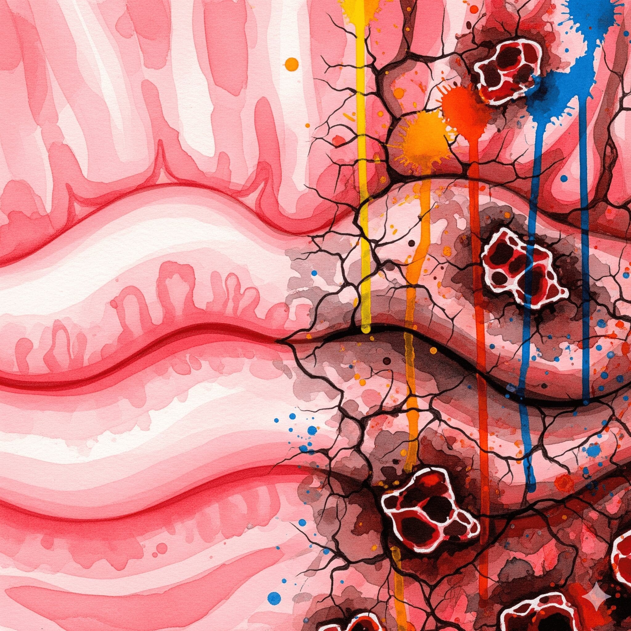 Symbolische Darstellung der Zerstörung der Darmschleimhaut durch die rektale Applikation von Drogen.