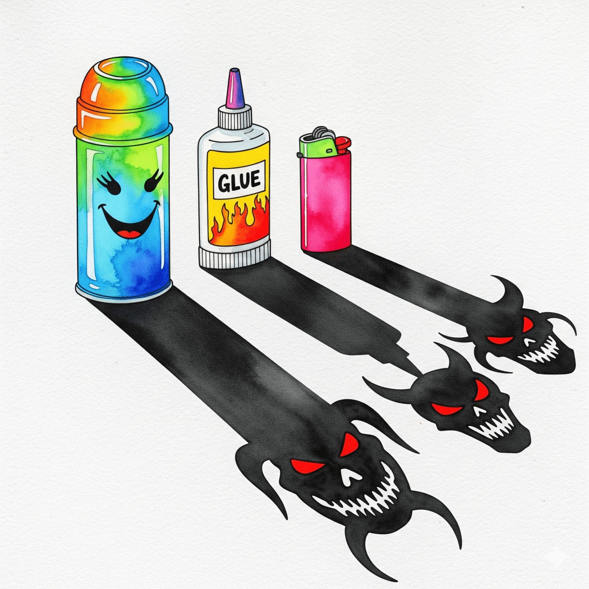 Künstlerische Darstellung der versteckten Gefahr von Inhalationsmitteln, bei der Alltagsgegenstände wie Deodosen bedrohliche Schatten werfen.