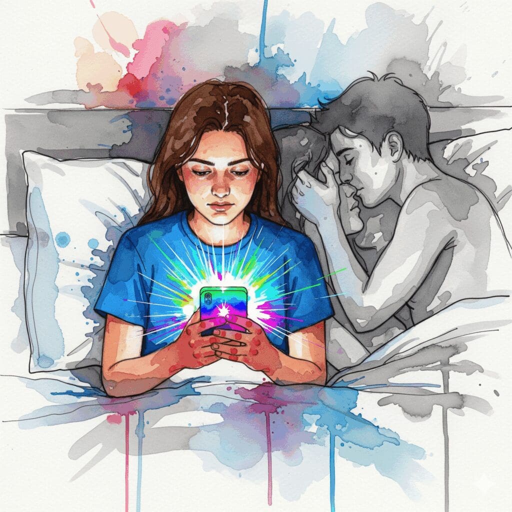 Symbolische Darstellung, wie Pornosucht und Sexsucht die Wahrnehmung für echte Intimität abstumpfen lassen und Beziehungen zerstören.