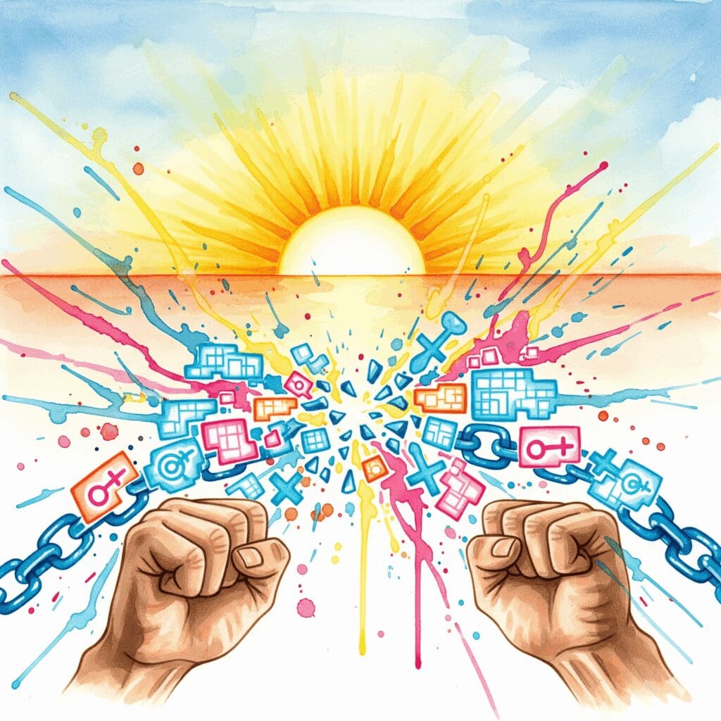 Symbolische Darstellung der Befreiung von Sexsucht, gezeigt als Hände, die digitale und zwanghafte Ketten sprengen, um echte Intimität zu finden.