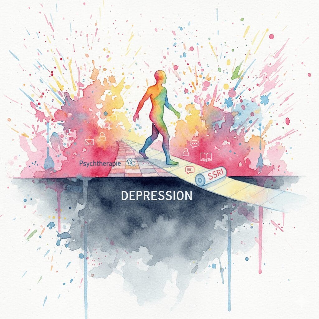 Symbolische Darstellung von SSRIs als unterstützende Brücke in Kombination mit dem aktiven Weg der Psychotherapie.