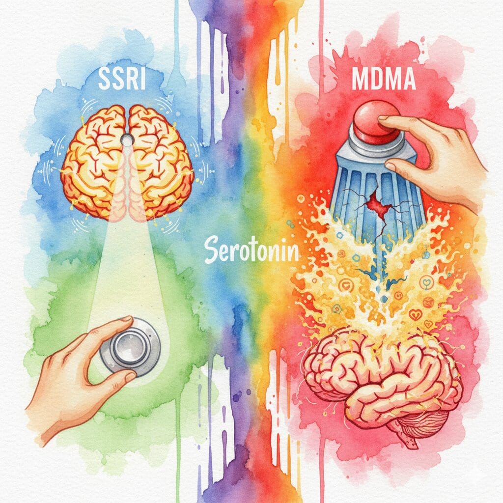 Alt-Text: Künstlerischer Vergleich der Wirkung von SSRIs (langsamer Regler) und MDMA (unkontrollierter Tsunami) auf das Serotonin-System im Gehirn.