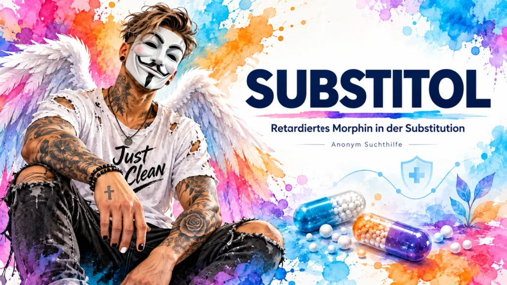 Titelbild zum Artikel über Substitol mit der Anonym-Suchthilfe-Markenfigur, retardierten Morphin-Kapseln und Hinweisen auf Substitution, Wirkung und Unterschiede zu Methadon und Polamidon.