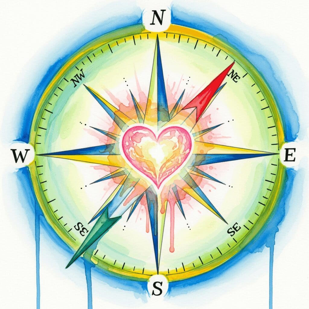 Ein Kompass, dessen Nadel auf ein verletztes Herz zeigt, als Symbol dafür, dass die Sucht der Wegweiser zur eigentlichen Wunde ist, die Heilung braucht.