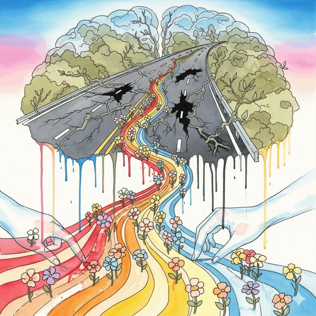 Künstlerische Darstellung des "Überschreibens" des Suchtgedächtnisses, bei der neue, gesunde neuronale Wege im Gehirn angelegt werden.