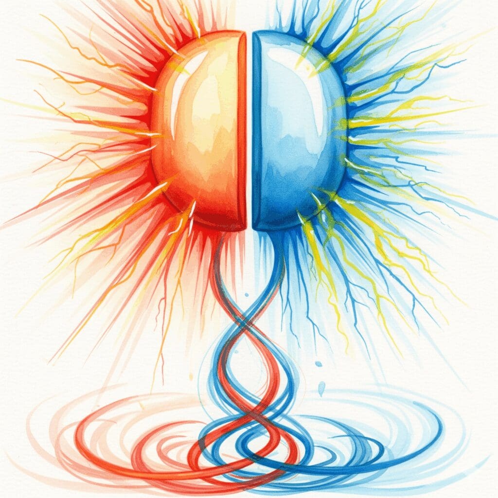 Künstlerische Darstellung der dualen Wirkung von Tramadol als Opioid und Antidepressivum, gezeigt als Pille mit zwei unterschiedlichen Energiehälften.