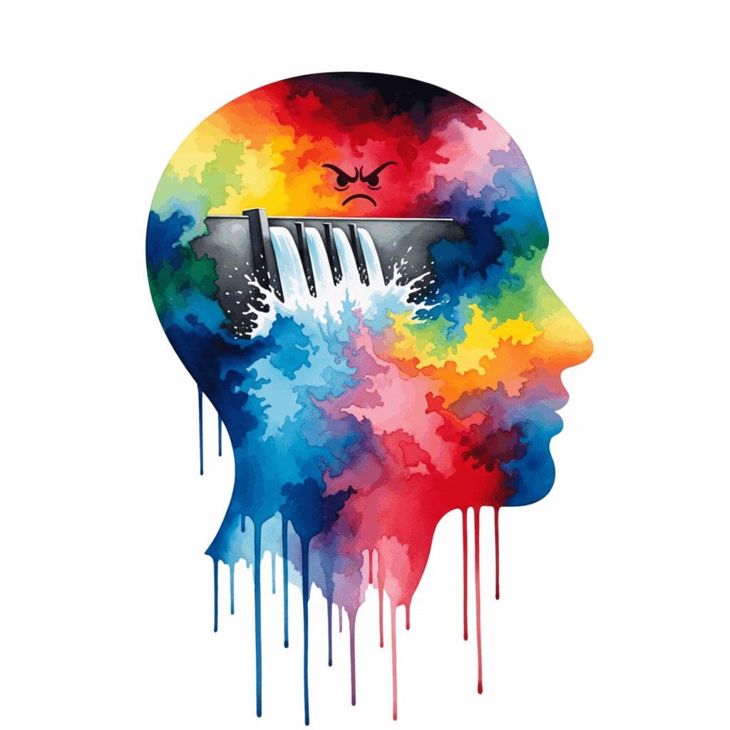 Symbolische Darstellung eines emotionalen Triggers als brechender Damm im Kopf, der eine Flut von unkontrollierbaren Gefühlen freisetzt, gemalt in Watercolor-Farben.