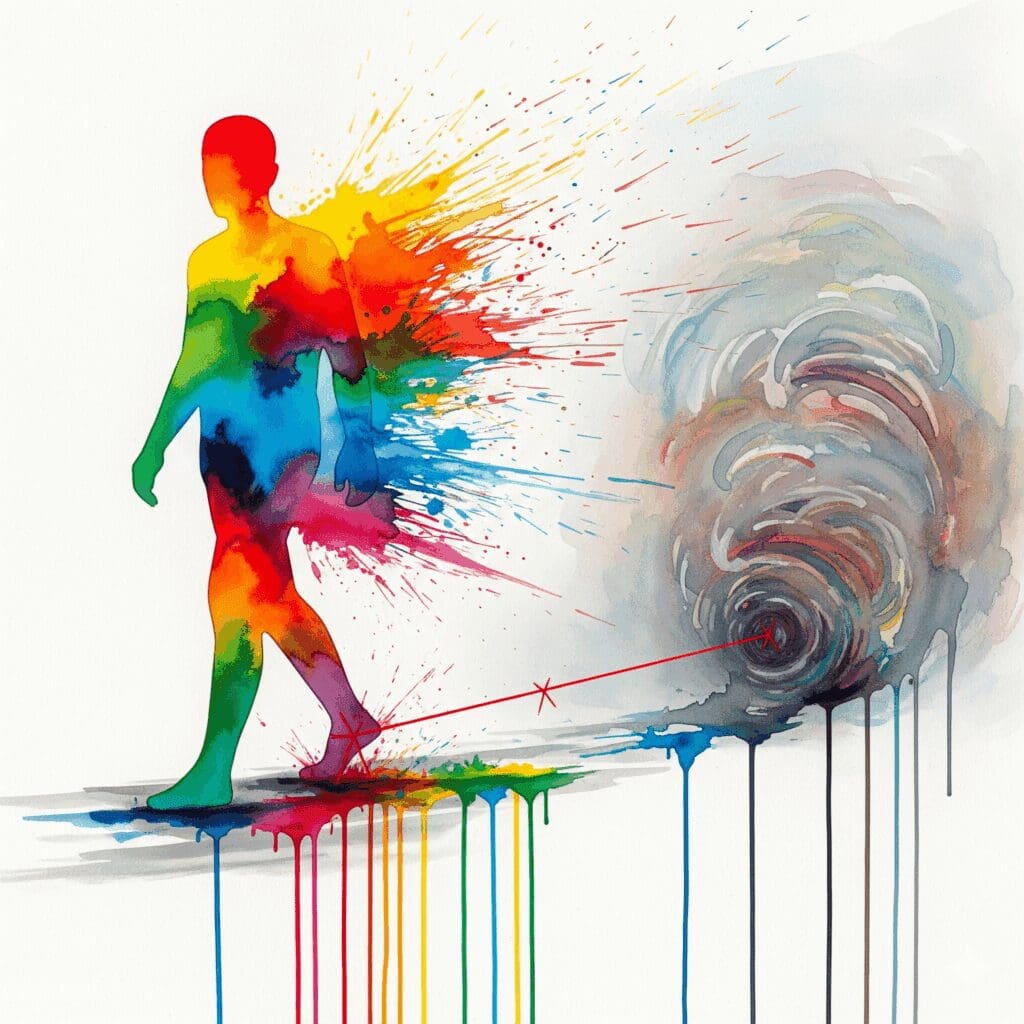 Künstlerische Darstellung eines psychologischen Triggers als leuchtender Stolperdraht, der eine Person mit ihrer traumatischen Vergangenheit verbindet und eine emotionale Reaktion auslöst.