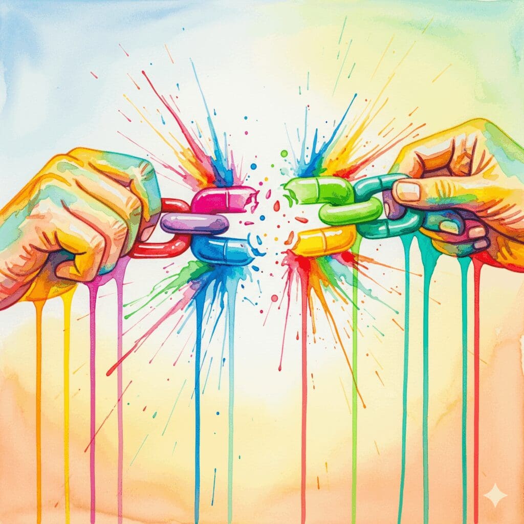 Symbolische Darstellung der Befreiung von einer Doppeldiagnose, gezeigt als Hände, die eine Kette aus Pillen sprengen, in bunten Watercolor-Farben.