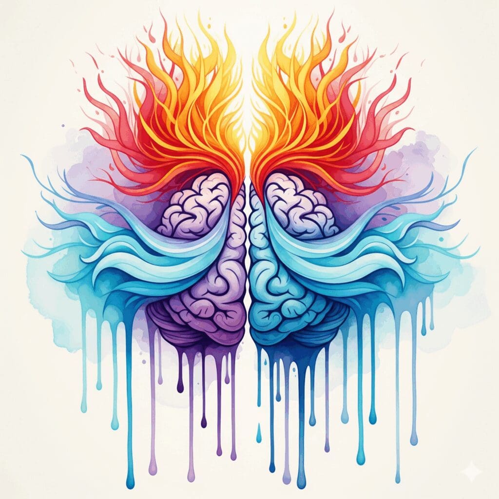 Künstlerische Darstellung der Wirkung von Valproinsäure im Gehirn als Stimmungsstabilisator, gemalt in zerlaufenden Watercolor-Farben, die Chaos beruhigen.