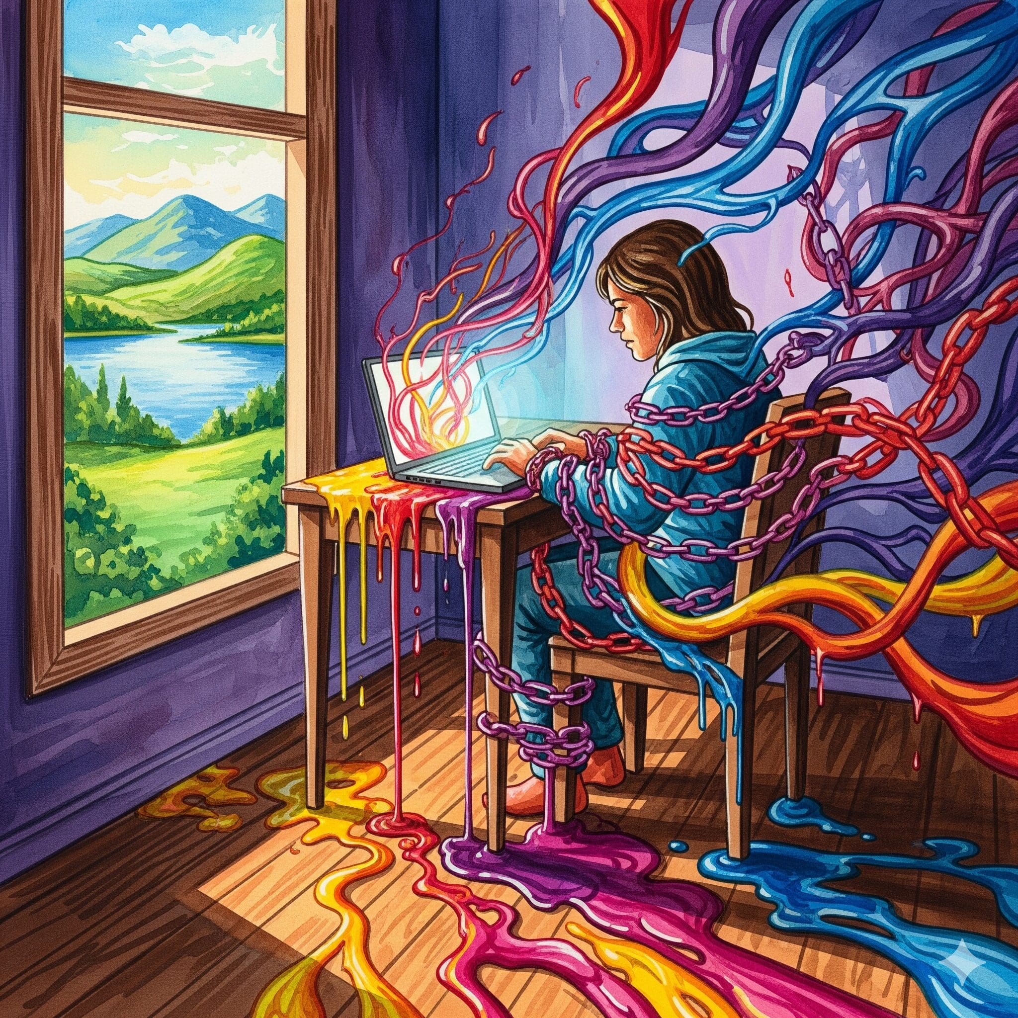 Symbolische Darstellung der Arbeitssucht, bei der eine Person von leuchtenden Ketten an ihren Schreibtisch gefesselt ist, gemalt in zerlaufenden Watercolor-Farben.