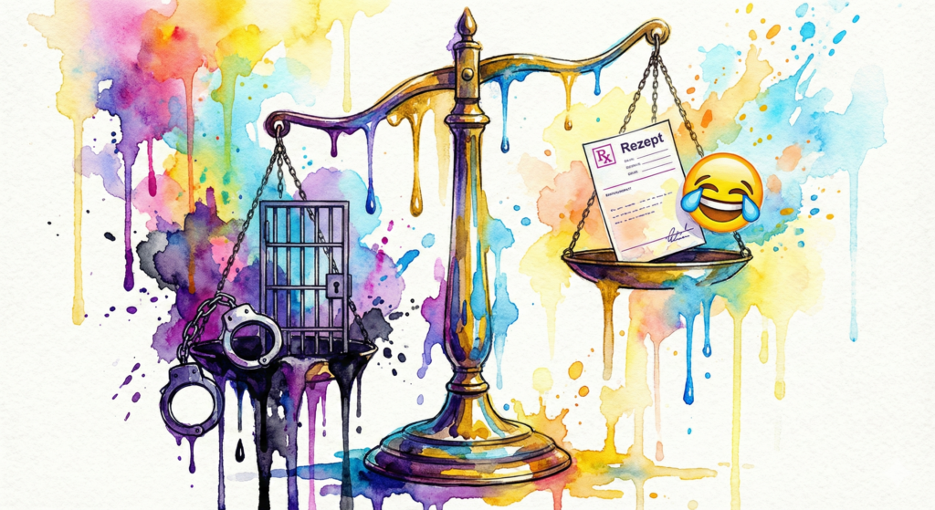 unte Watercolor-Zeichnung einer Justitia-Waage: Auf der einen Seite schwere Handschellen (Straßendeal), auf der anderen Seite ein leichtes Rezept mit lachendem Emoji (Verschreibungsbetrug). Visualisierung der unterschiedlichen Bestrafung von Drogenhandel und Ärzte-Hopping.