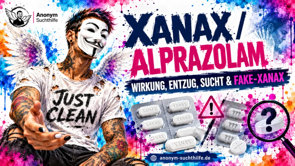 Titelbild zum Artikel über Xanax und Alprazolam mit der Anonym-Suchthilfe-Markenfigur, echten und unbekannten Tabletten sowie Hinweisen auf Wirkung, Entzug, Abhängigkeit und Fake-Xanax.