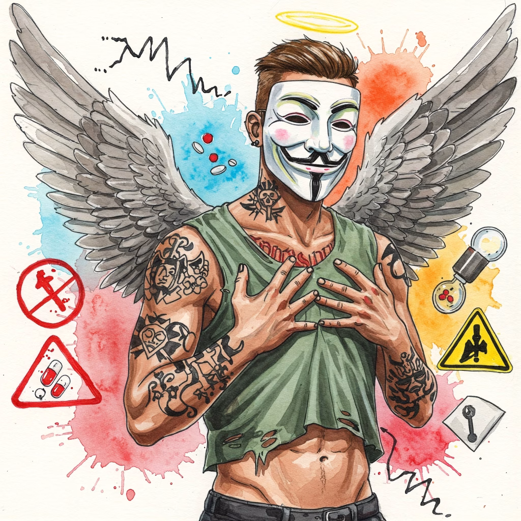 Bild in bunten lebendigen / realistischen Watercolor Farben. Ein sportlicher Mann mit Anonymous Maske. Er ist tätowiert,  hat schwarze und weiße lackierte Fingernägel und einen zerfranztes Hemd und Engelsflügel auf dem Rücken.  Ein Bild, die eine wilde Blutzuckerkurve zeigt (Achterbahn), oder Symbole für verschiedene Drogen mit Warnzeichen daneben. Keywords: Blutzucker Schwankungen Drogen, Alkohol Diabetes Hypoglykämie, Cannabis Diabetes Hyperglykämie