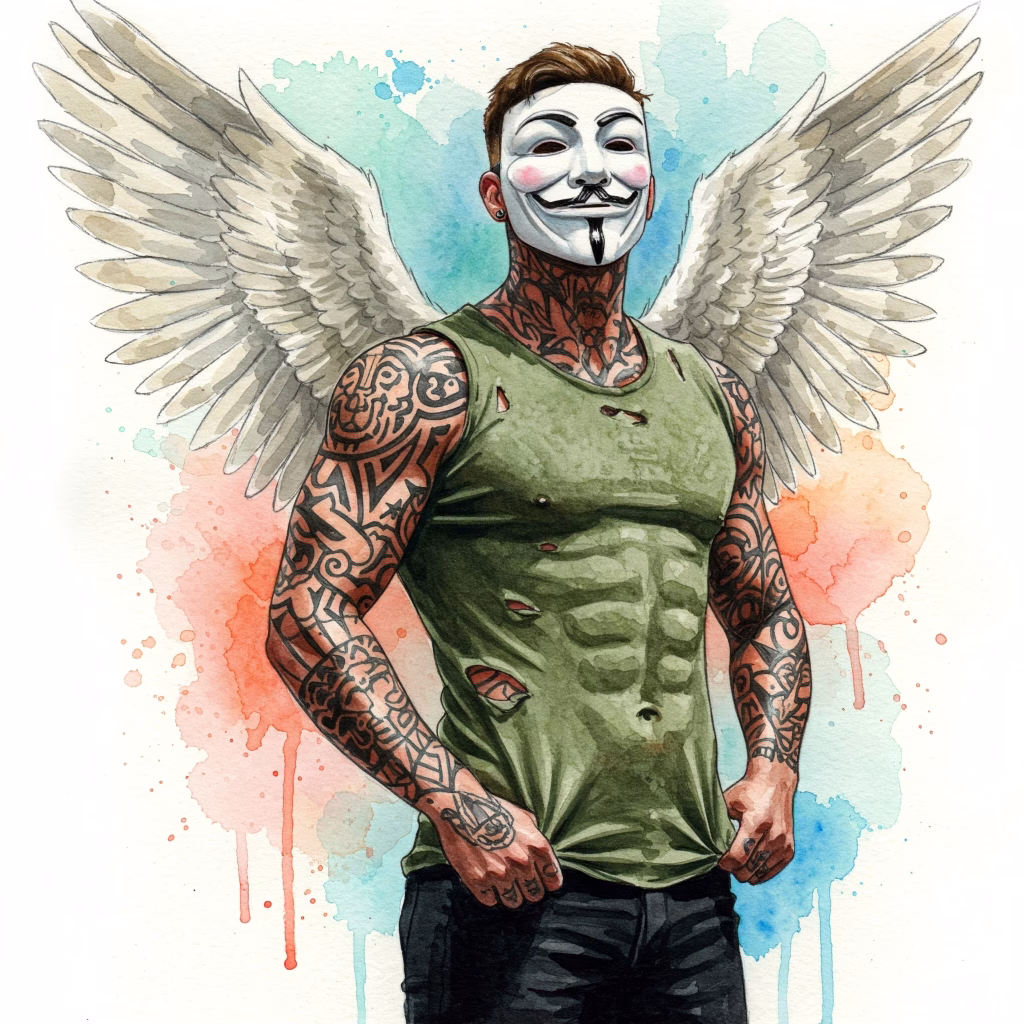 Bild in bunten lebendigen / realistischen Watercolor Farben. Ein sportlicher Mann mit Anonymous Maske. Er ist tätowiert,  hat schwarze und weiße lackierte Fingernägel und einen zerfranztes Hemd und Engelsflügel auf dem Rücken.  Ein Bild, das Unterstützung und Hilfe symbolisiert. Z.B. ausgestreckte Hände, ein Rettungsring, ein Wegweiser mit "Hilfe". Keywords: Hilfe Drogensucht Diabetes, Suchtberatung Jugend anonym, Unterstützung Abhängigkeit