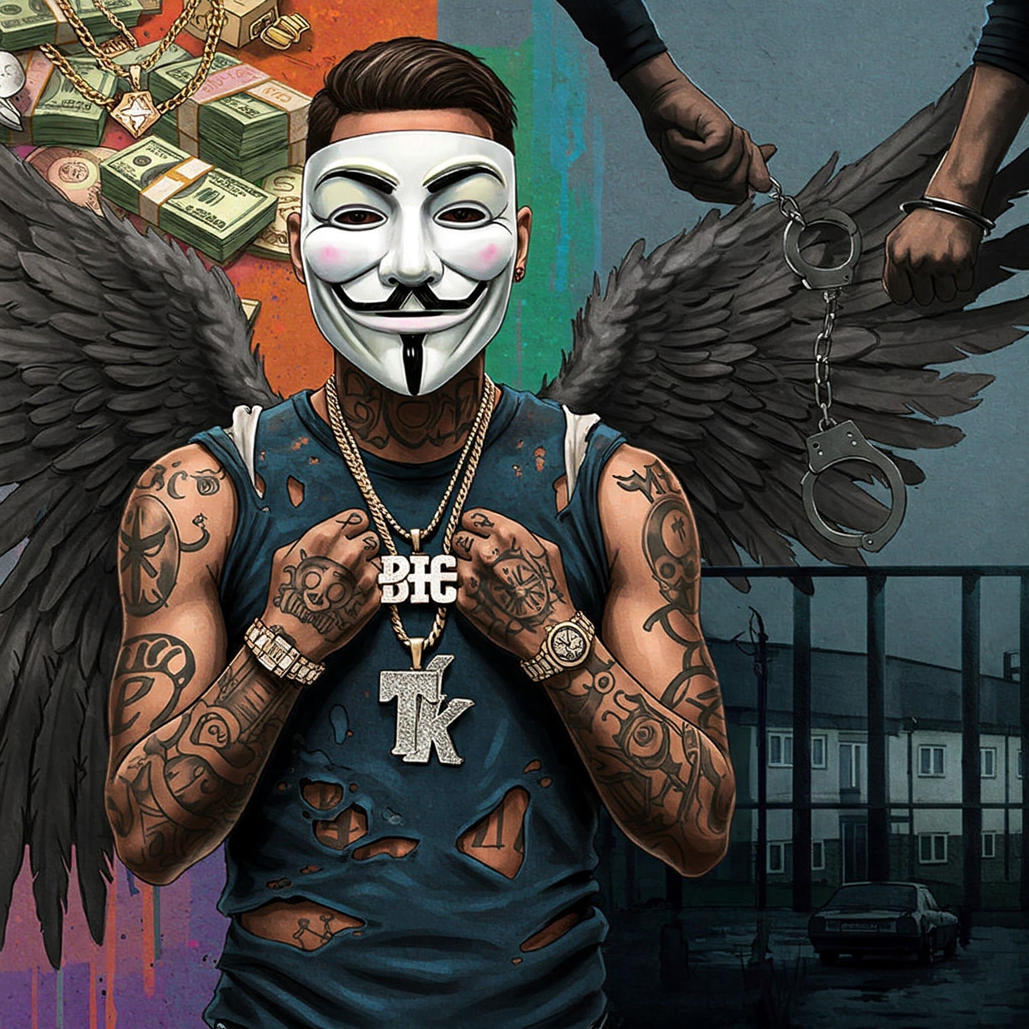 Header-Bild. Collage oder geteiltes Bild: Links ein Ausschnitt aus einem übertriebenen Hip-Hop-Video (Goldketten, Geldbündel, teures Auto), rechts ein düsteres, realistisches Bild (Handschellen, graue Plattenbausiedlung, Gitterstäbe).

Keywords für Alt-Text: Drogendealer Hype vs Realität, Hip Hop Klischee Drogenhandel, Gefahren Drogen verkaufen