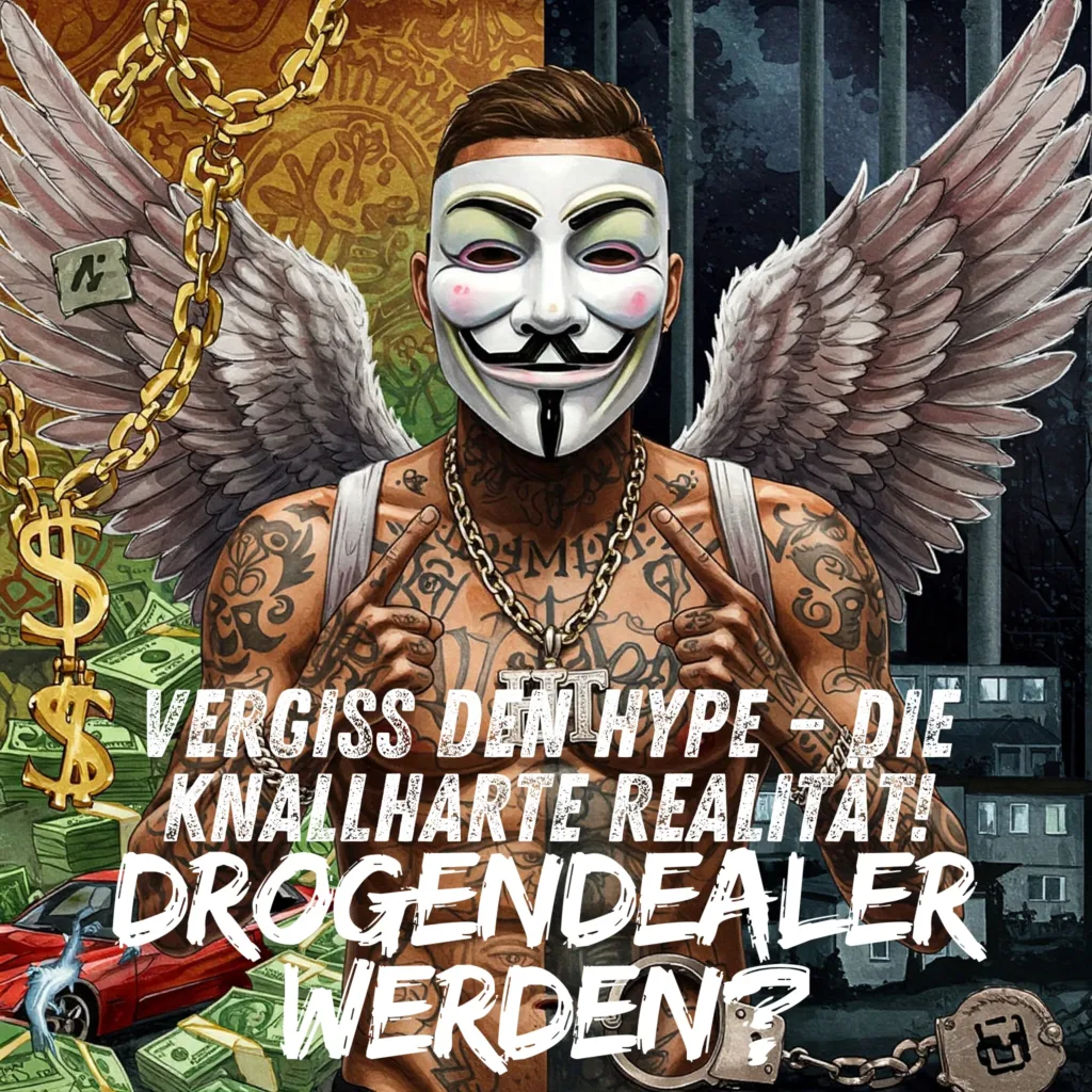 Header-Bild. Collage oder geteiltes Bild: Links ein Ausschnitt aus einem übertriebenen Hip-Hop-Video (Goldketten, Geldbündel, teures Auto), rechts ein düsteres, realistisches Bild (Handschellen, graue Plattenbausiedlung, Gitterstäbe). Keywords für Alt-Text: Drogendealer Hype vs Realität, Hip Hop Klischee Drogenhandel, Gefahren Drogen verkaufen