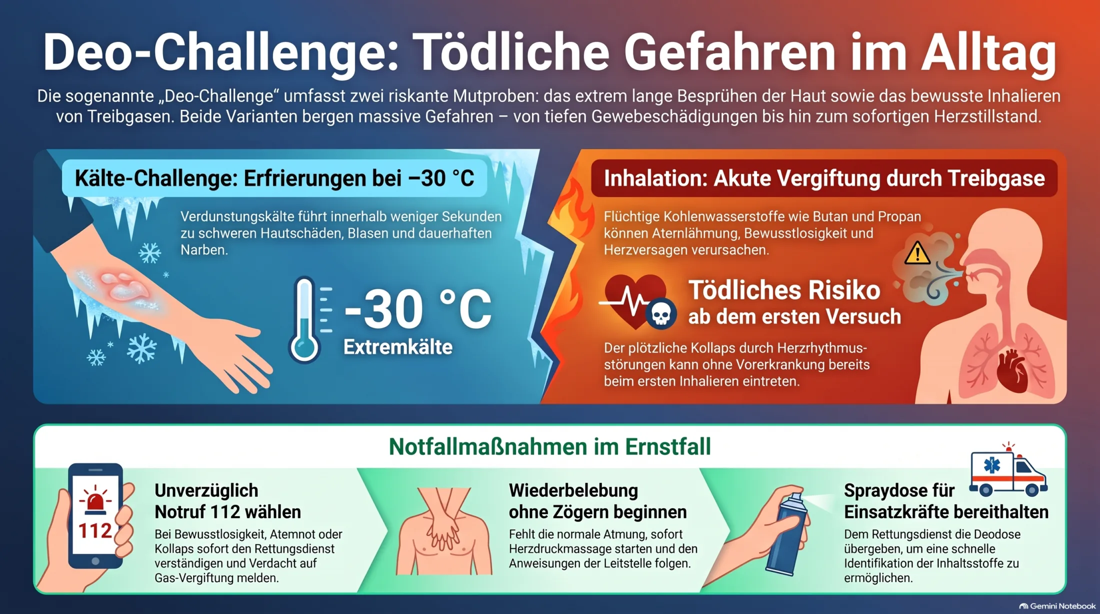Infografik zu den Gefahren der Deo-Challenge mit Butan, Herzrhythmusstörungen, Kälteverletzungen und Atemproblemen