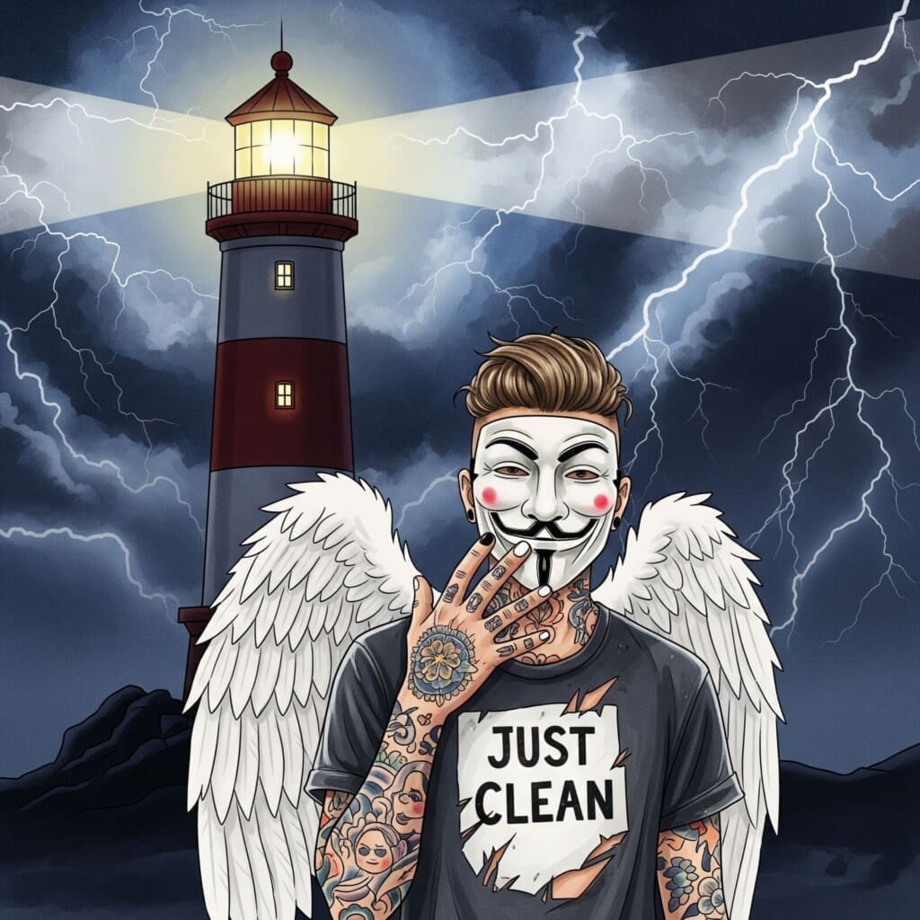 Ein stilisiertes Bild eines Leuchtturms, der in einer stürmischen, dunklen Nacht einen Lichtstrahl aussendet. Symbolisiert die Orientierung und Sicherheit in der Krise.  "Hilfe in der Krise", "Drogennotdienst Berlin", "sicherer Hafen Sucht"