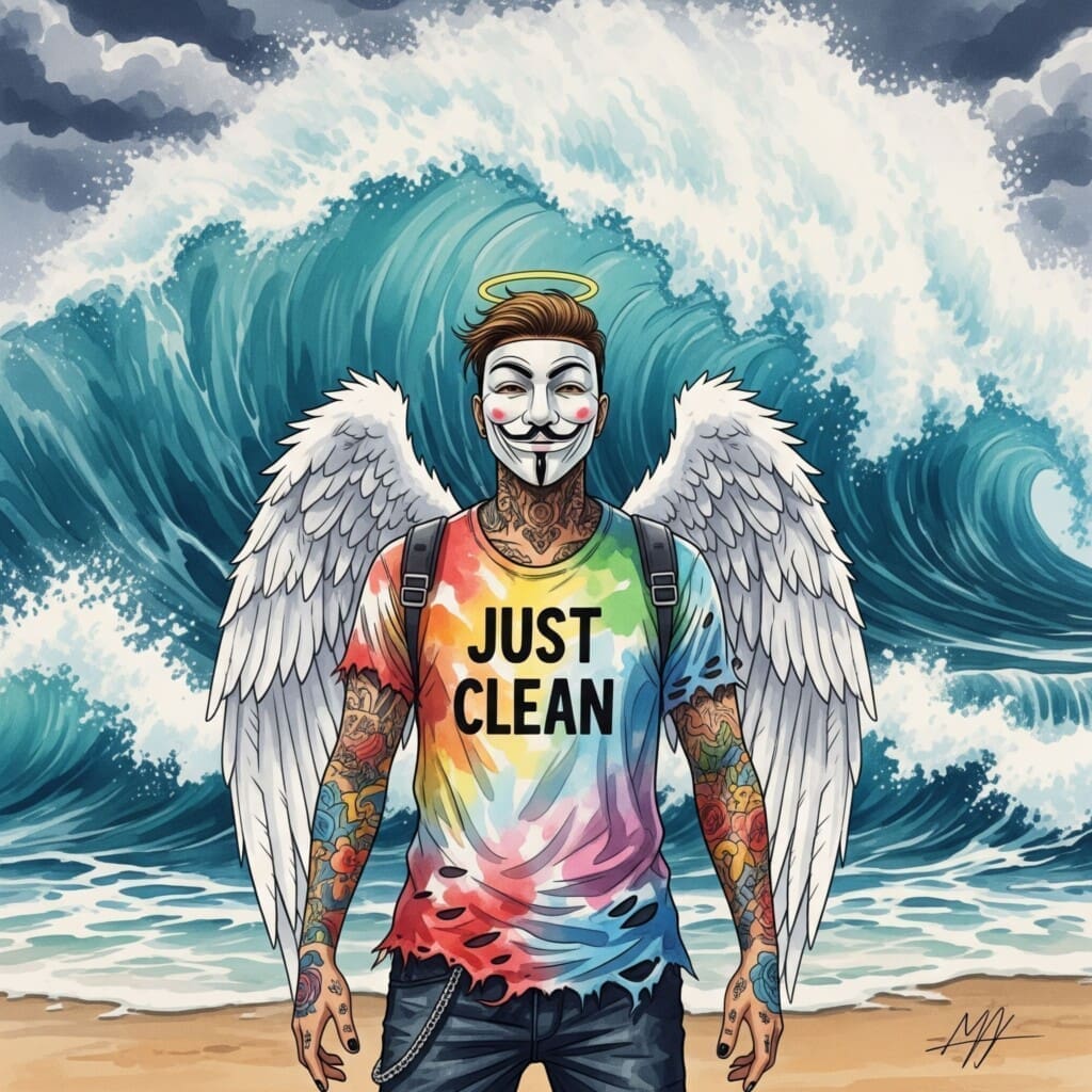 Eine Person steht fest auf dem Boden, während eine große, stürmische Welle auf sie zurollt. Die Person schaut der Welle aber gefasst entgegen. Symbolisiert das "Welle reiten" (Urge Surfing). "Craving bewältigen", "Suchtdruck aushalten", "Die Welle reiten"