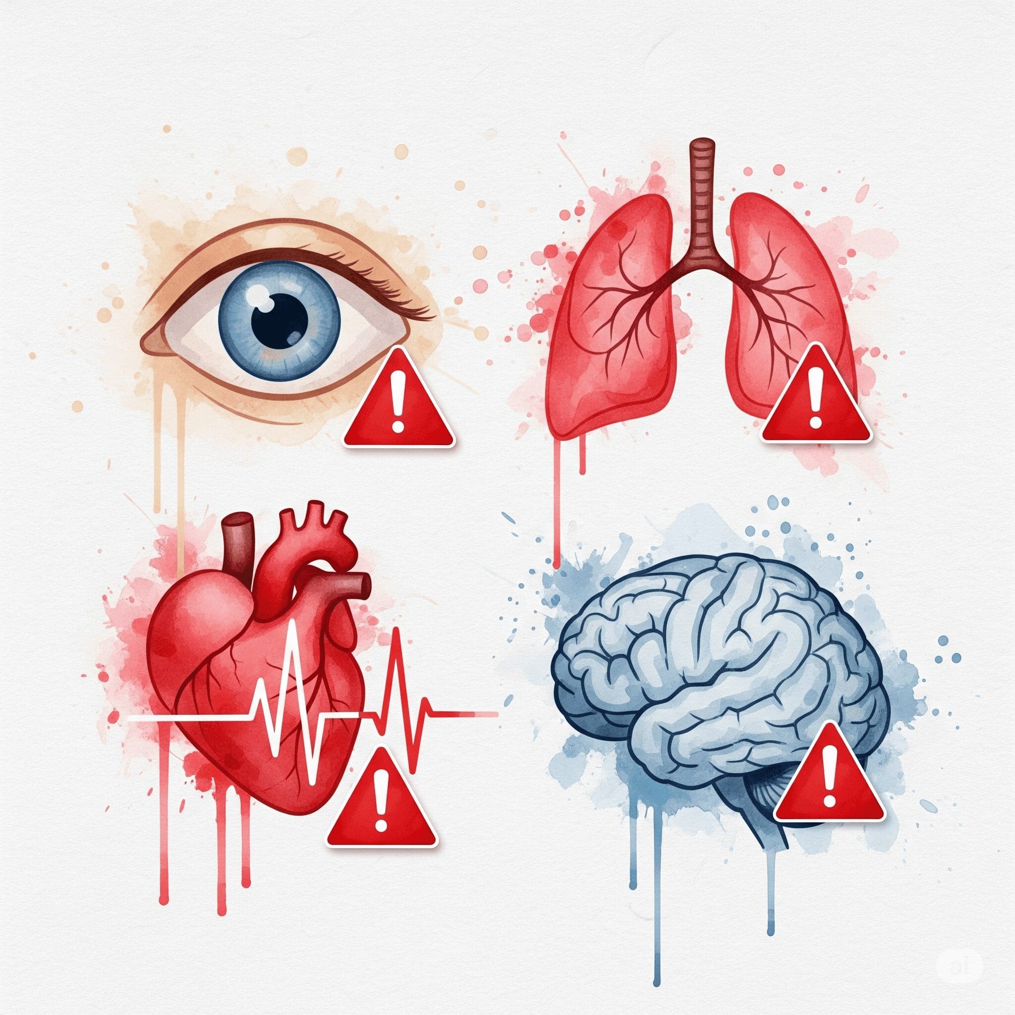Eine klare, einfache Infografik mit Piktogrammen für die wichtigsten Alarmsignale: ein Auge (Pupillen), eine Lunge (Atmung), ein Herz mit Pulslinie (Kreislauf) und ein Gehirn (Bewusstsein). Jedes Symbol ist mit einem roten Warnzeichen versehen.  "Drogennotfall Symptome", "Anzeichen Überdosis", "Erste Hilfe bei Drogen"