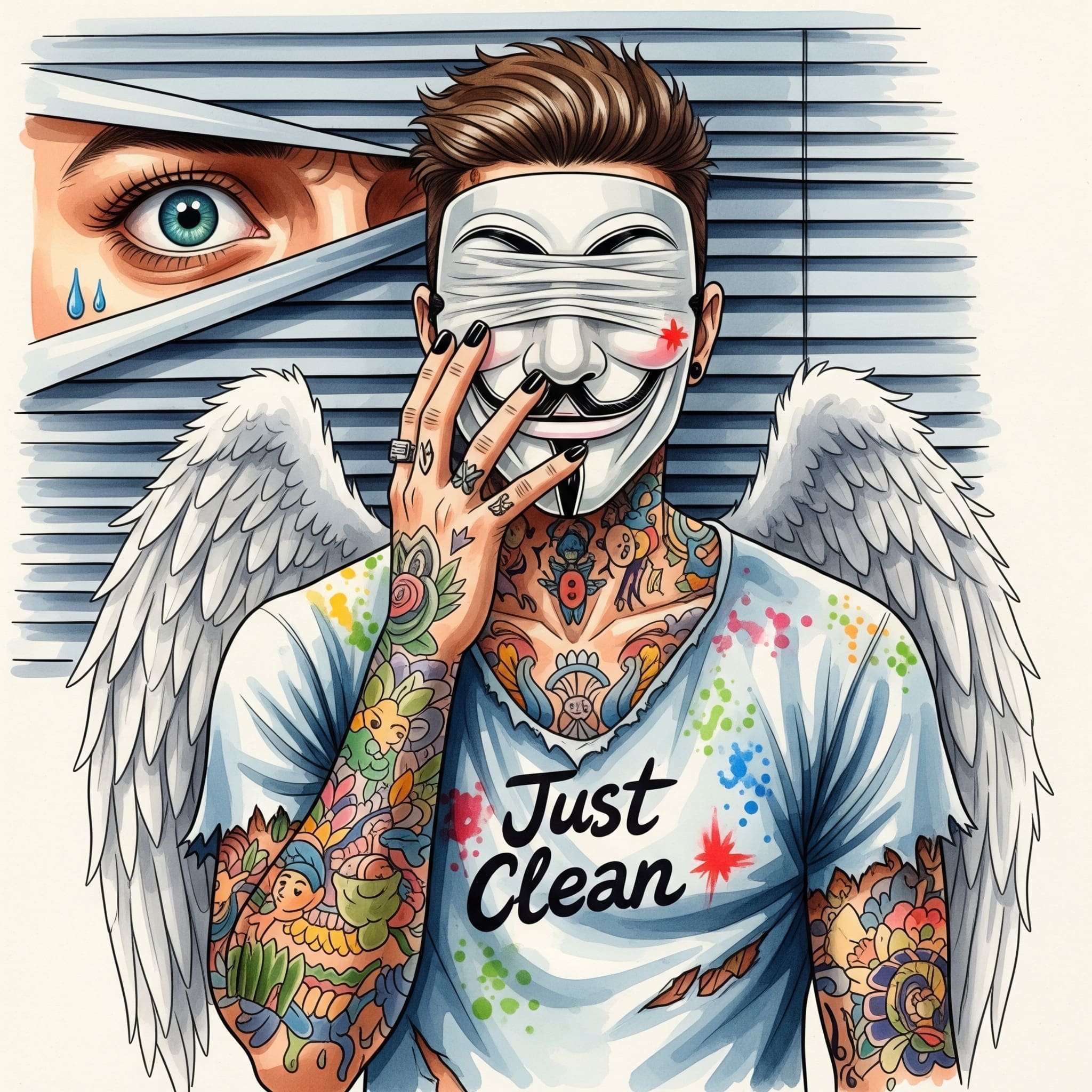 Eine Nahaufnahme eines ängstlichen Auges, das durch eine zugezogene Jalousie nach draußen schaut. Symbolisiert den Verfolgungswahn und das Gefühl, beobachtet zu werden. "Kokain Paranoia Symptome", "Verfolgungswahn Drogen", "Angst nach Koks"