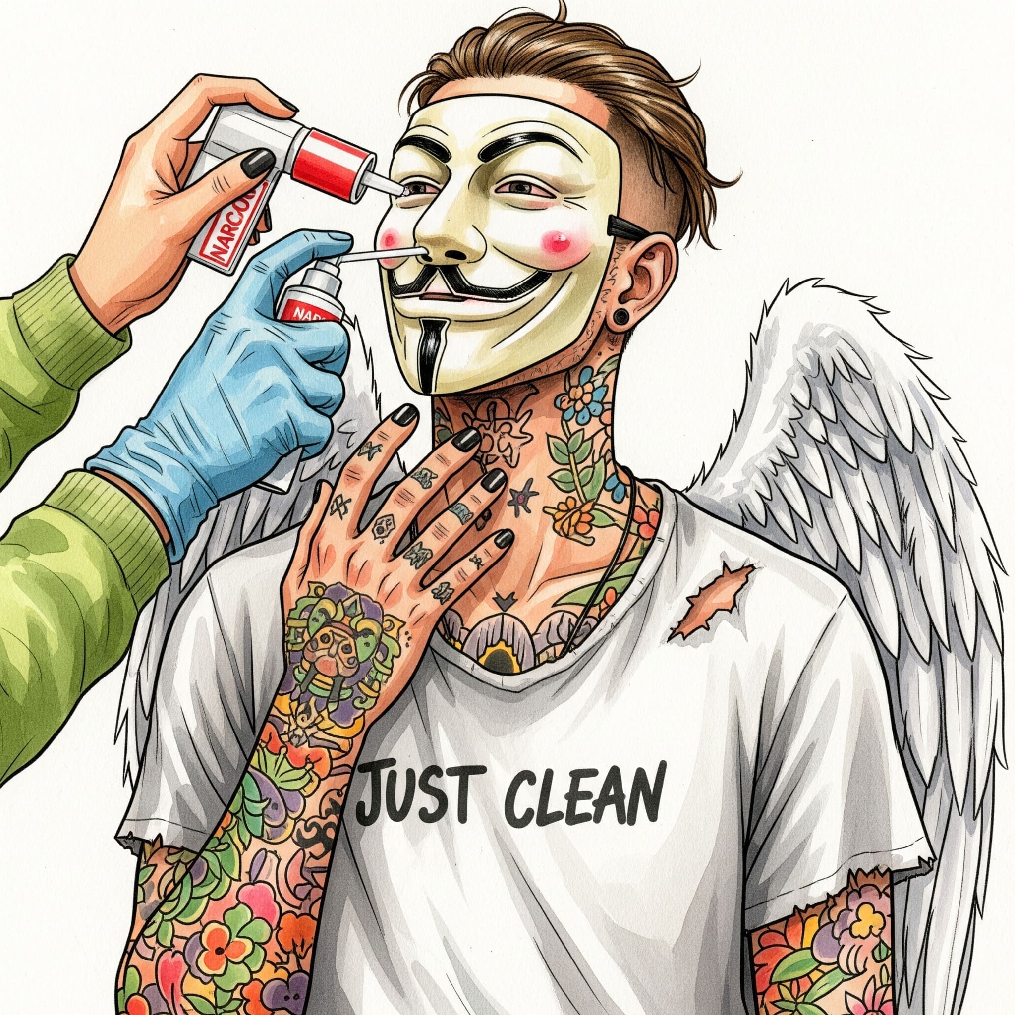 Eine Nahaufnahme einer Person, die einen Naloxon (Narcan) Nasenspray anwendet. Die Szene sollte dringend und ernst wirken. "Naloxon Anwendung", "Narcan bei Überdosis", "Carfentanyl Gegenmittel"