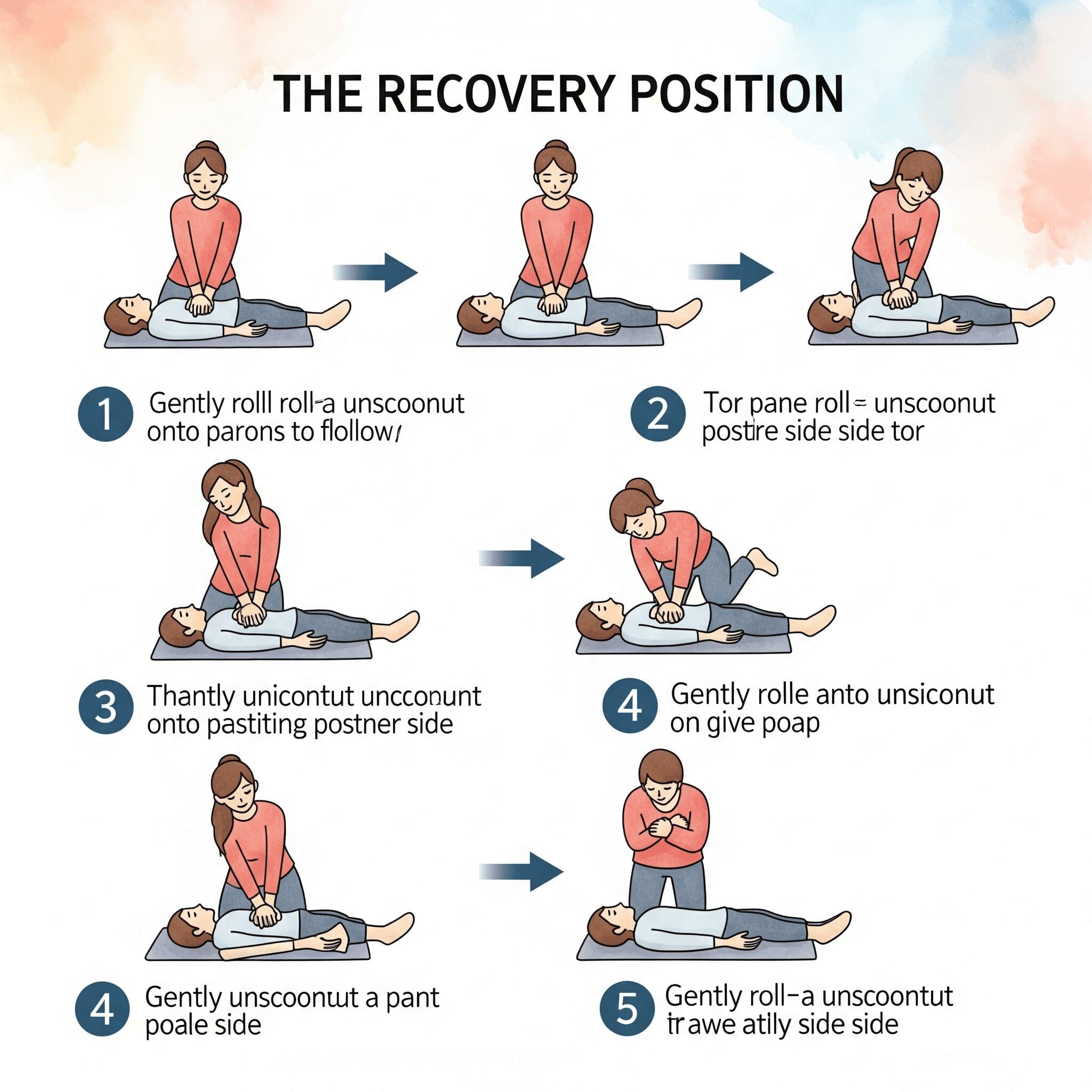 Eine klare, schrittweise Infografik, die die stabile Seitenlage zeigt. Einfache, verständliche Piktogramme, die jeder nachmachen kann. "stabile Seitenlage Anleitung", "Erste Hilfe bei Bewusstlosigkeit", "lebensrettende Sofortmaßnahmen"