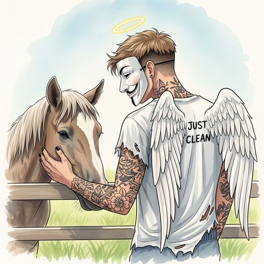 Eine Person streichelt sanft ein Pferd. Die Szene ist ruhig und vertrauensvoll. Symbolisiert die tiergestützte Therapie und das Finden von emotionalem Zugang.  "tiergestützte Therapie Sucht", "Kleine Farm Scarabäus", "Verantwortung lernen"