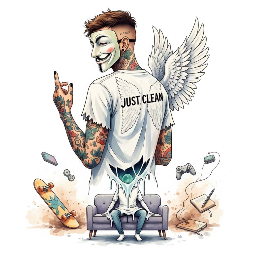 Eine stilisierte Grafik einer Person, die buchstäblich auf einem Sofa "schmilzt" oder mit ihm verwächst. Im Hintergrund verstauben Dinge wie ein Skateboard, ein Controller oder ein Notizbuch. Symbolisiert die Antriebslosigkeit. "Kiffen macht faul", "amotivationales Syndrom", "Cannabis und Motivation"