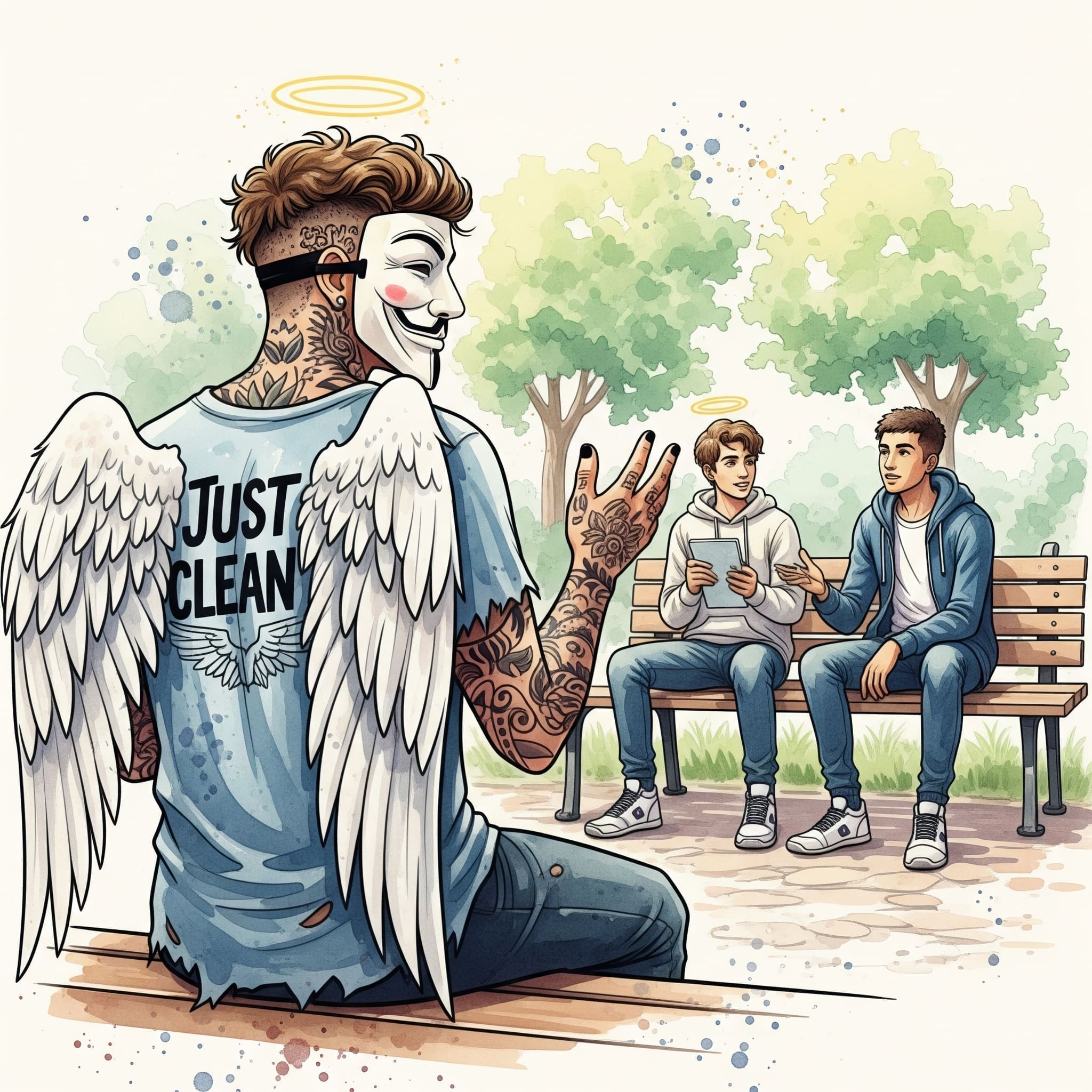 Zwei junge Leute sitzen auf einer Parkbank und unterhalten sich angeregt. Die Atmosphäre ist entspannt und vertrauensvoll. Symbolisiert das soziale Training und die Beratung.  "soziales Training für Jugendliche", "Beratung auf Augenhöhe", "Gespräch Suchthilfe"