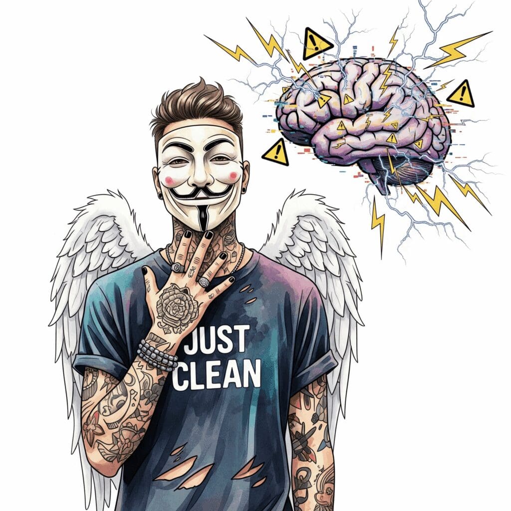 Eine stilisierte Grafik eines Gehirns, das von chaotischen, glitchartigen Blitzen und Warnsymbolen bombardiert wird. Symbolisiert die unkontrollierbare und neurotoxische Wirkung. "Wirkung synthetische Cannabinoide", "Psychose durch Drogen", "Gefahr für Gehirn"