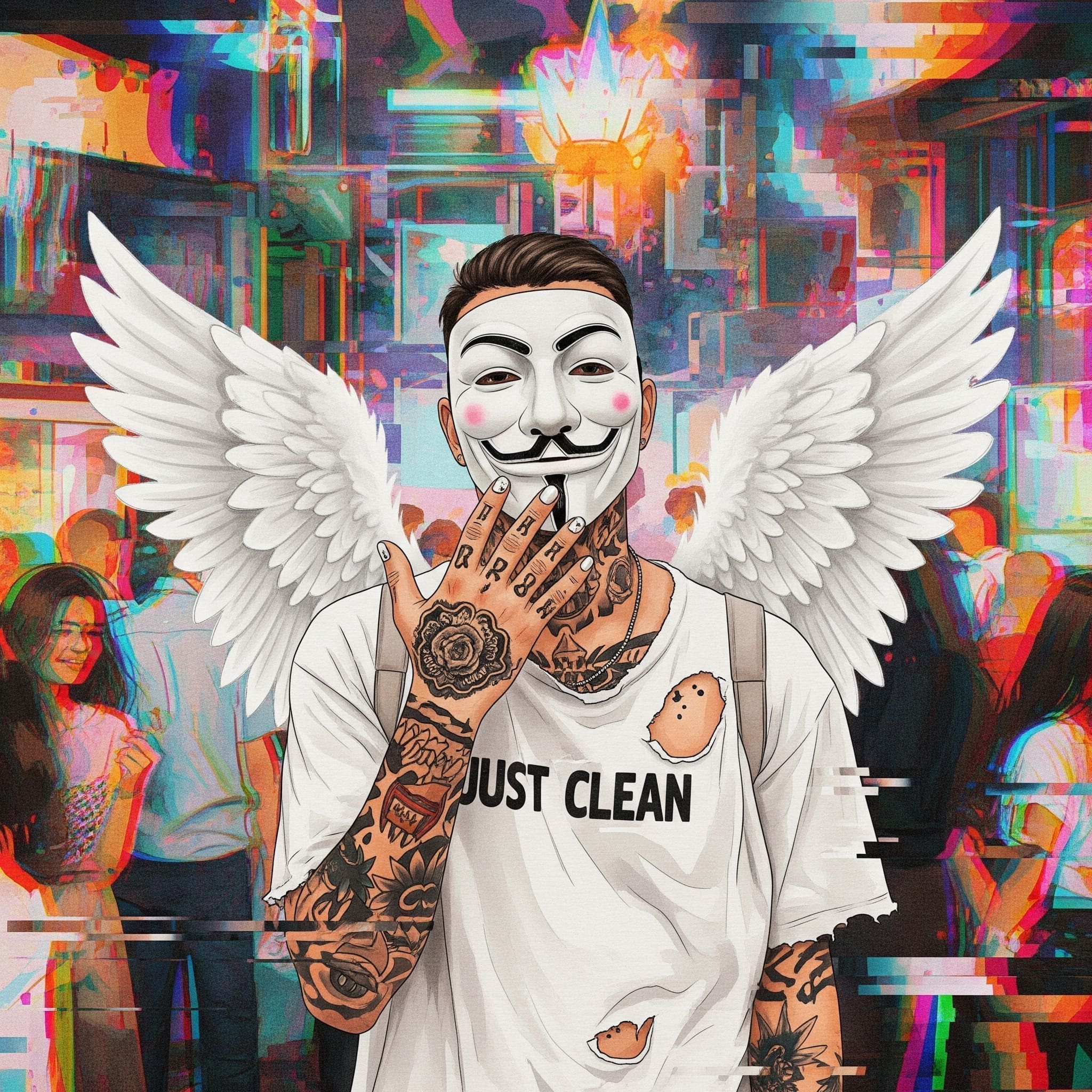 Eine abstrakte, glitchy und verzerrte Aufnahme einer Partyszene mit bunten Lichtern. Symbolisiert, wie die Wahrnehmung kippt und die Realität sich auflöst. "Party auf Koks", "Wahrnehmungsstörung Drogen", "schlechter Trip"