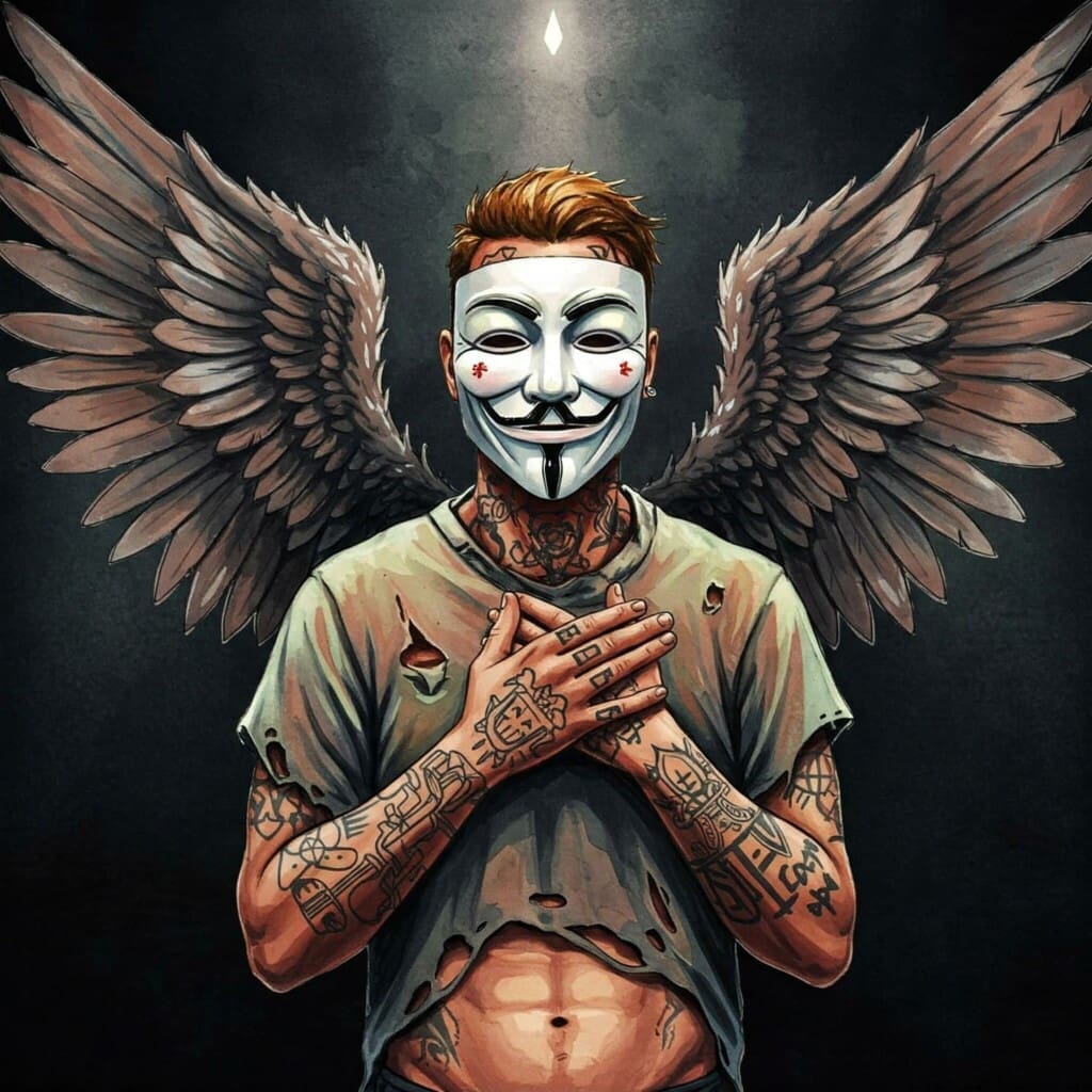 Bild in bunten lebendigen / realistischen Watercolor Farben. Ein sportlicher Mann mit Anonymous Maske. Er ist tätowiert,  hat schwarze und weiße lackierte Fingernägel und einen zerfranztes Hemd und Engelsflügel auf dem Rücken.  Ein Bild, das einen Teufelskreis oder eine Sackgasse symbolisiert, vielleicht düster gehalten, aber mit einem kleinen Lichtblick.

Keywords für Alt-Text: Teufelskreis Drogen, Sucht Sackgasse, Beschaffungskriminalität Anfang, Jugend Drogenprobleme