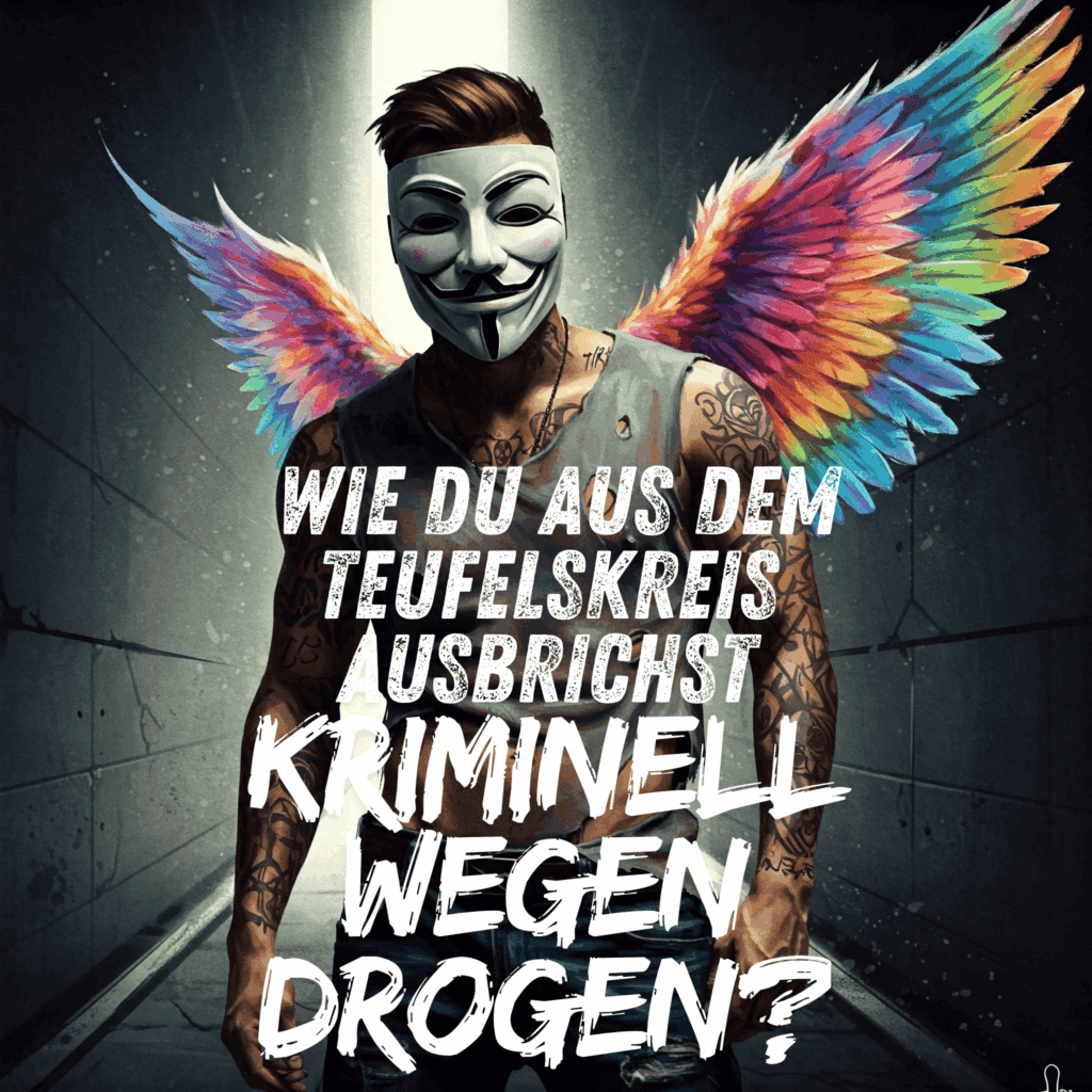 Bild in bunten lebendigen / realistischen Watercolor Farben. Ein sportlicher Mann mit Anonymous Maske. Er ist tätowiert,  hat schwarze und weiße lackierte Fingernägel und einen zerfranztes Hemd und Engelsflügel auf dem Rücken.  Ein Bild, das einen Teufelskreis oder eine Sackgasse symbolisiert, vielleicht düster gehalten, aber mit einem kleinen Lichtblick. Keywords für Alt-Text: Teufelskreis Drogen, Sucht Sackgasse, Beschaffungskriminalität Anfang, Jugend Drogenprobleme