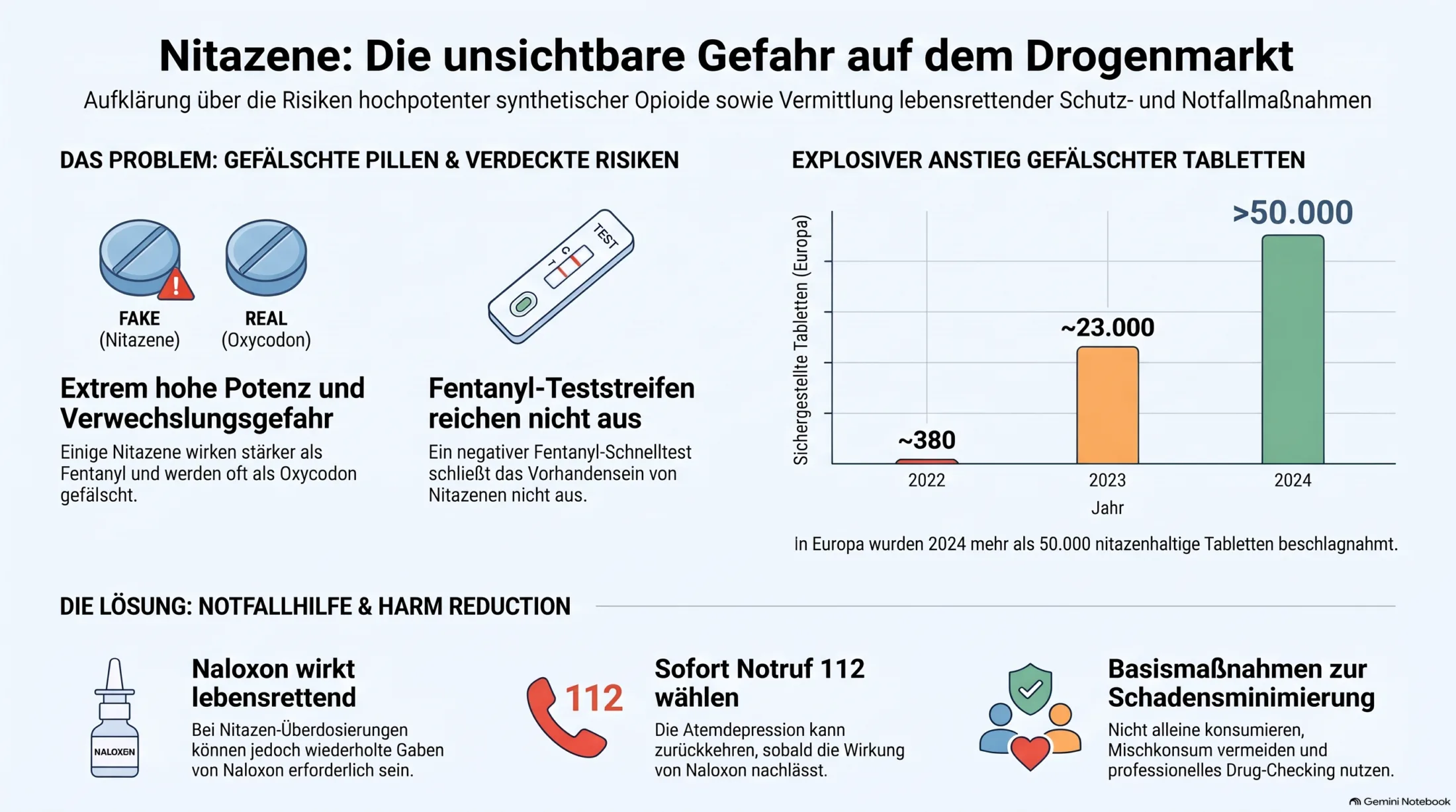 Infografik zu Nitazenen mit Gefahren, Überdosierung, Naloxon, Fake-Pillen, Drug Checking und Schutzmaßnahmen