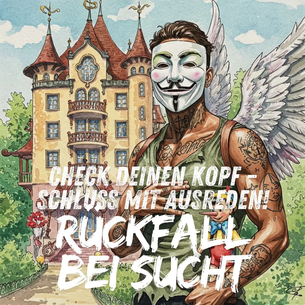 Bild in bunten lebendigen / realistischen Watercolor Farben. In der Mitte ein sportlicher Mann mit Anonymous Maske. Er ist tätowiert, hat schwarze und weiße lackierte Fingernägel und einen zerfranztes grünes Hemd und Engelsflügel auf dem Rücken. Er steht vor der Villa Kunterbunt und hat eine Pinocchio Spielfigur mit langer Nase in der Hand.