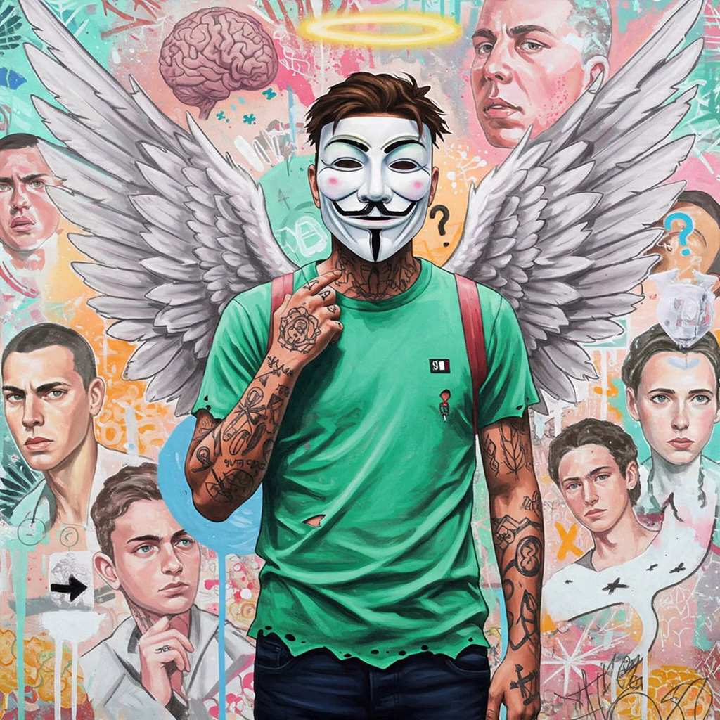 Bild in bunten Watercolor Farben. In der Mitte ein sportlicher Mann mit Anonymous Maske. Er ist tätowiert, hat schwarze und weiße lackierte Fingernägel und einen zerfranztes grünes Hemd und Engelsflügel auf dem Rücken. Im Hintergrund Collage aus jugendlichen Gesichtern (ernst, nachdenklich, hoffnungsvoll) und Symbolen für Gehirn, Weg, Fragezeichen. Keywords: Sucht, Rückfall, Jugendliche, junge Erwachsene, Gehirn, Hilfe, Entscheidung