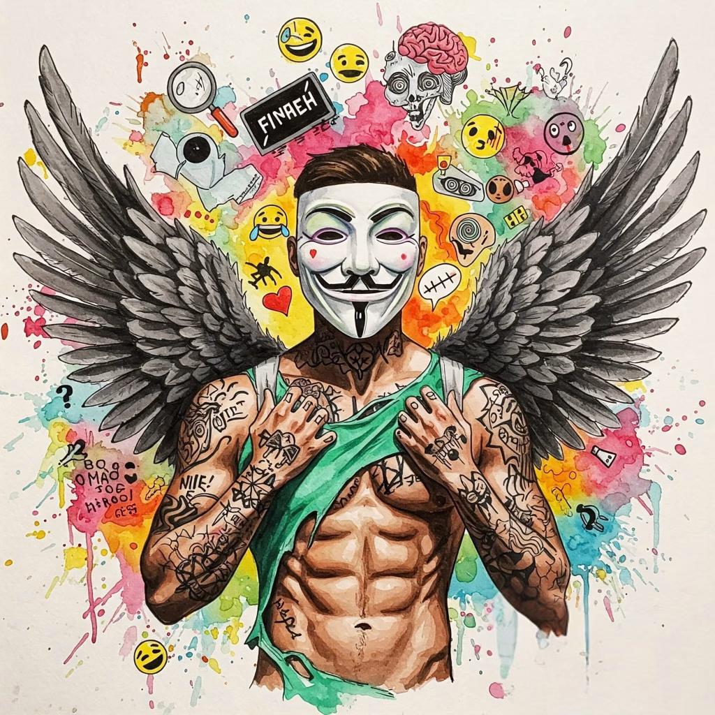 Bild in bunten lebendigen / realistischen Watercolor Farben. In der Mitte ein sportlicher Mann mit Anonymous Maske. Er ist tätowiert, hat schwarze und weiße lackierte Fingernägel und einen zerfranztes grünes Hemd und Engelsflügel auf dem Rücken. Coole Emojis oder Icons, die verzerrte Gedanken darstellen (z.B. Lupe, die alles riesig macht; Schwarz-Weiß-Filter; Fragezeichen-Chaos). Keywords: Kognitive Verzerrung, Denkfalle, Gedanken, Sucht, Psychologie, Gehirn.