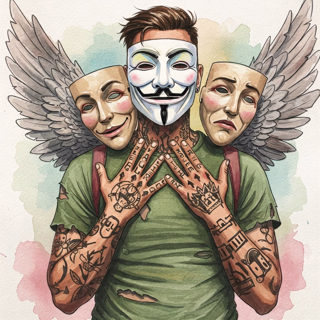 Bild in bunten lebendigen / realistischen Watercolor Farben. In der Mitte ein sportlicher Mann mit Anonymous Maske. Er ist tätowiert,  hat schwarze und weiße lackierte Fingernägel und einen zerfranztes grünes Hemd und Engelsflügel auf dem Rücken. Person mit zwei Gesichtern oder Masken, eine lächelt (Schönreden), die andere ist besorgt (Realität). Keywords: Schönreden, Ausreden, Selbsttäuschung, Sucht, Kognitive Verzerrung.