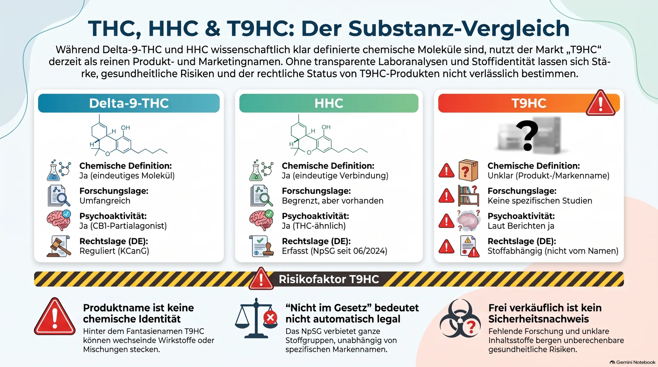 THC, HHC und T9HC im Vergleich Vergleich von THC, HHC und T9HC mit Wirkung, Datenlage und Risiken