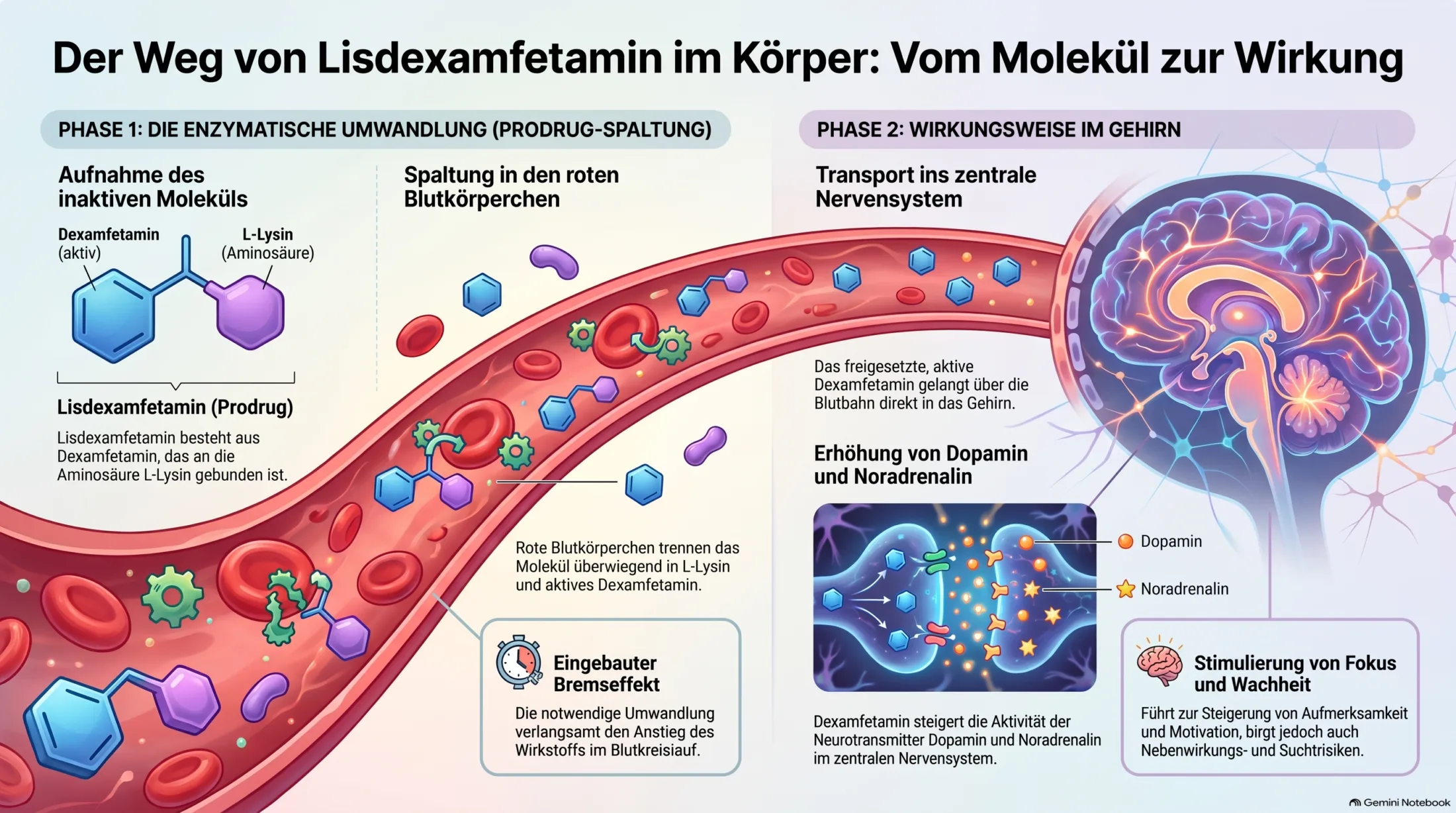 Wirkungsweise von Lisdexamfetamin im Körper mit Umwandlung zu Dexamfetamin