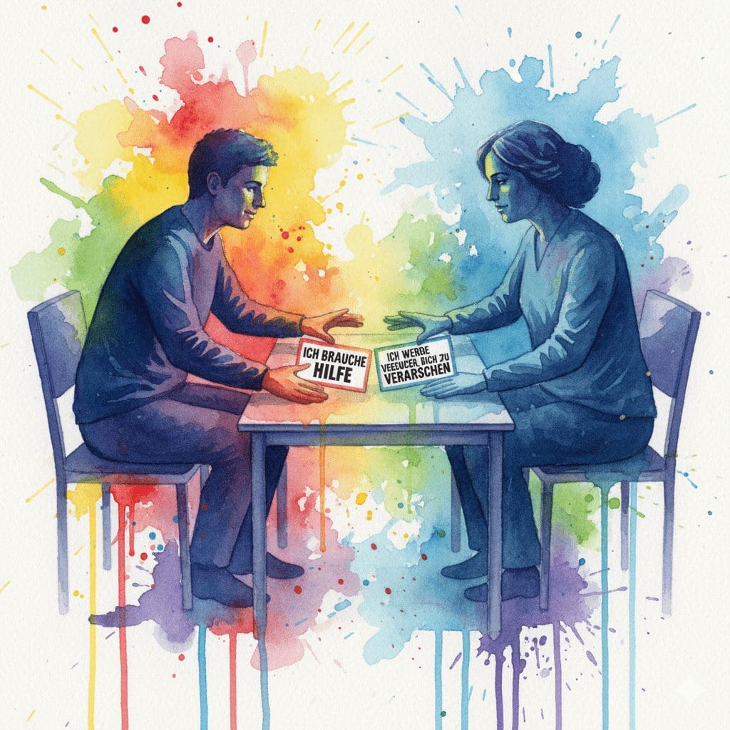 Alt-Text: Eine Person legt in der Therapie zwei Karten auf den Tisch: "Ich brauche Hilfe" und "Ich werde versuchen, dich zu verarschen". Symbol für radikale Ehrlichkeit bei der Doppeldiagnose.