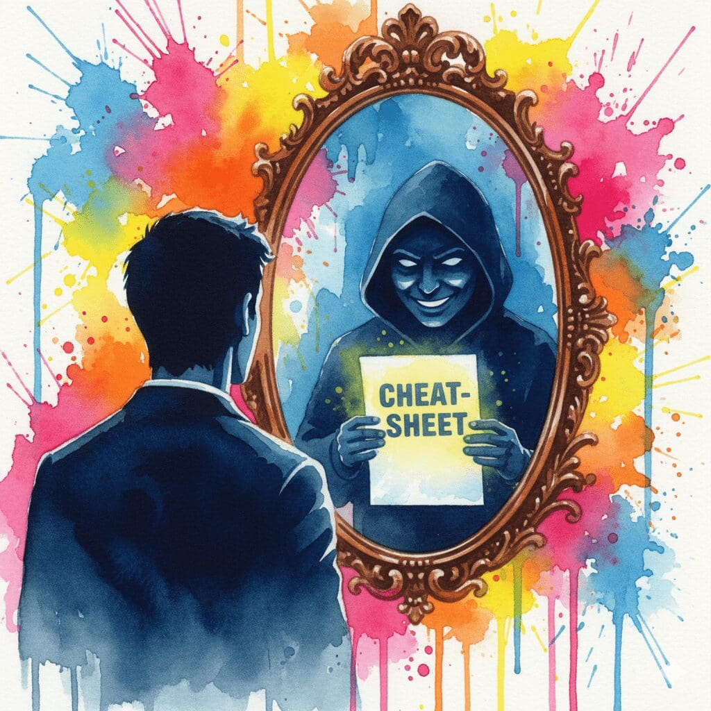 Eine Person, deren Spiegelbild ein Hacker mit einem Cheat-Sheet ist, als Symbol für die Selbst-Sabotage bei der ADHS-Diagnostik durch Suchtkranke.