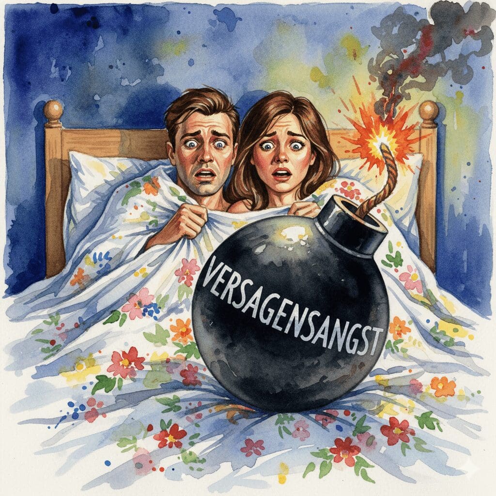Ein Paar im Bett, das auf eine Bombe mit der Aufschrift "VERSAGENSANGST" starrt. Symbol für den psychologischen Druck und die Versagensangst bei Erektionsproblemen.