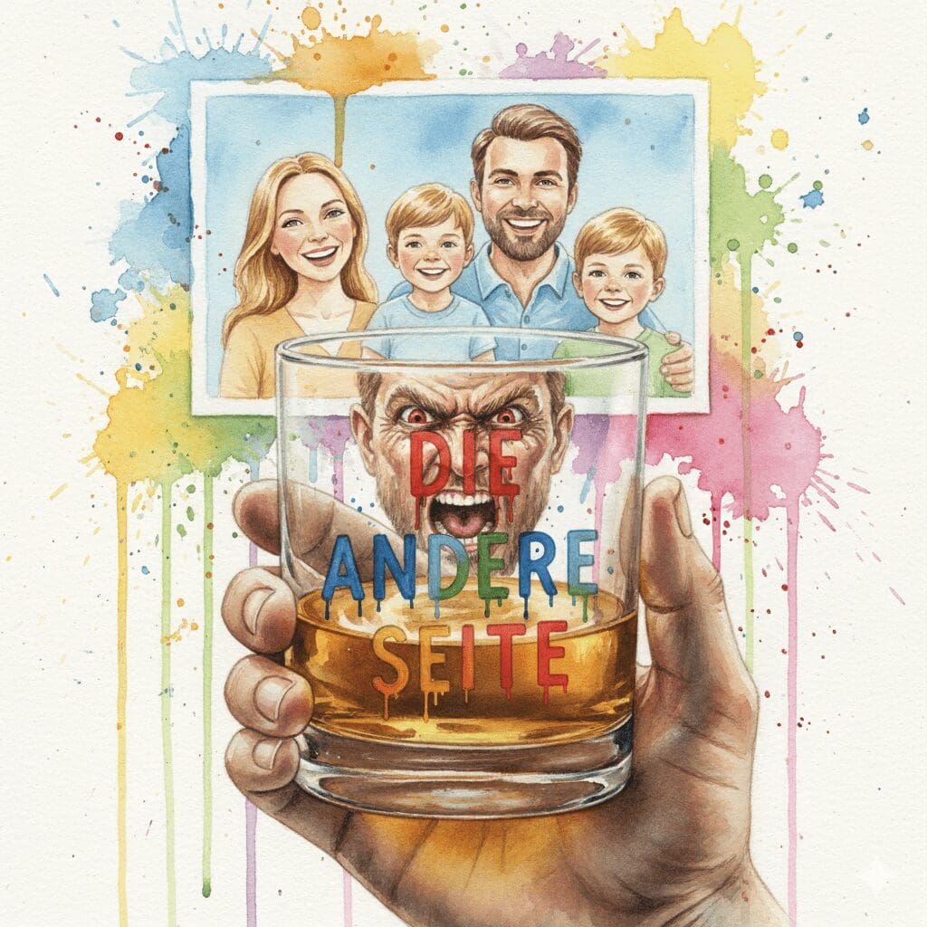 Ein Whiskey-Glas verzerrt das Gesicht eines Vaters auf einem Familienfoto zu einer Monster-Fratze, als Symbol für alkohol-induzierte Aggression.