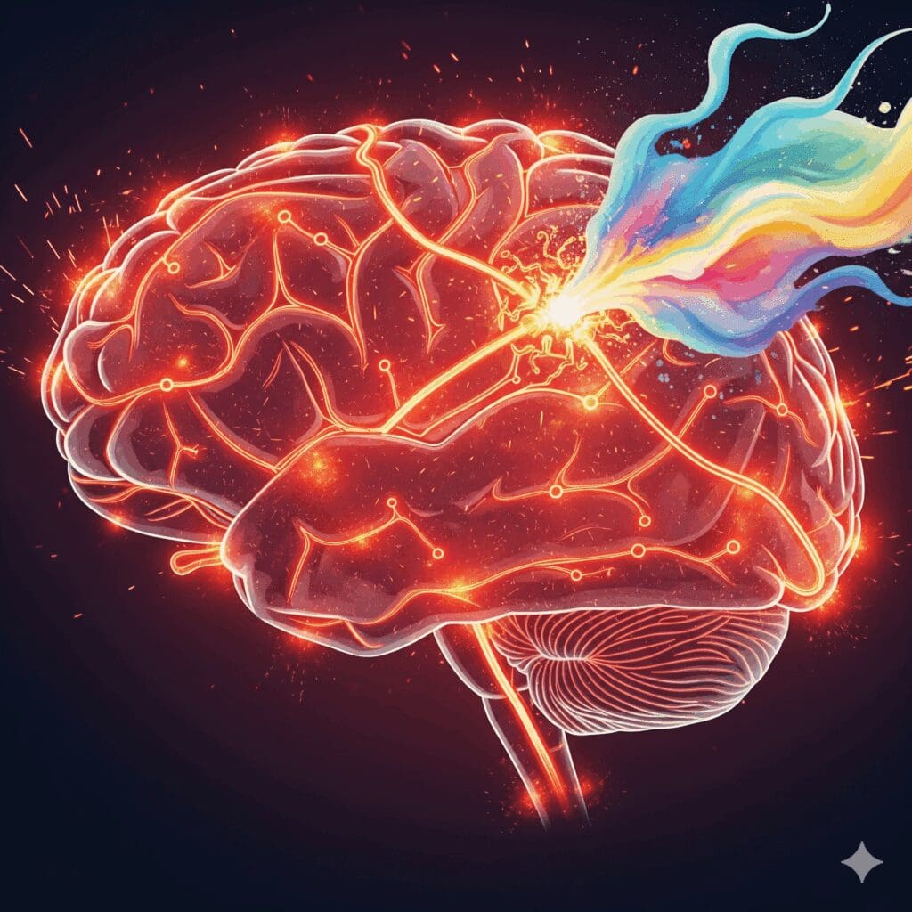 Künstlerische Darstellung des Schlaganfallrisikos durch Amphetamine, gezeigt als überlastete, glühende Blutgefäße im Gehirn.