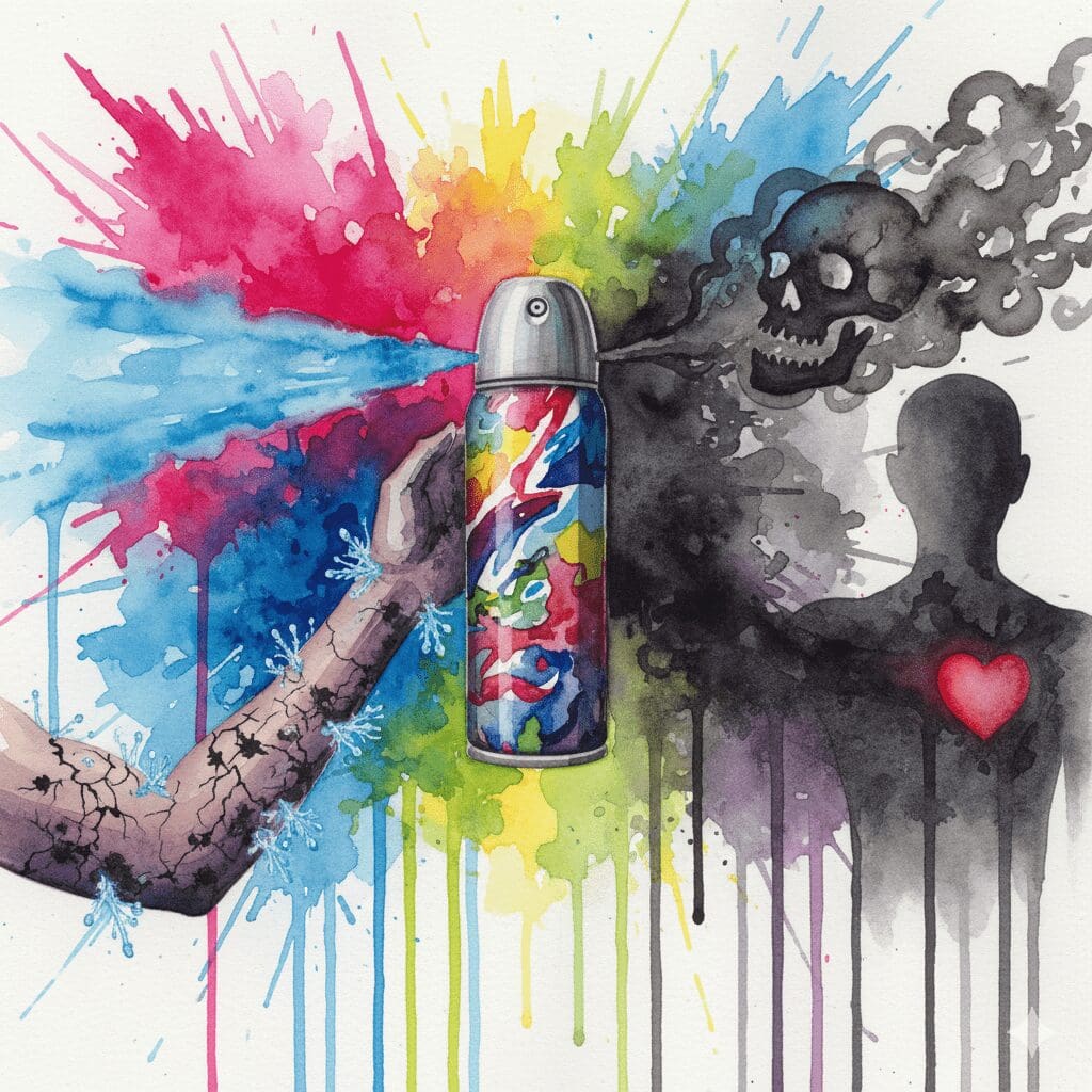 Künstlerische Darstellung der beiden Gefahren der Deo-Challenge: Kälteverbrennungen auf der Haut und der potenziell tödliche Rausch durch Inhalation.